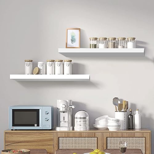 Miniatura 5 de SAUMONIERES Estantes flotantes de pared de 24 pulgadas para dormitorio, baño, montaje en pared, estantes de madera maciza, juego de 2, color blanco