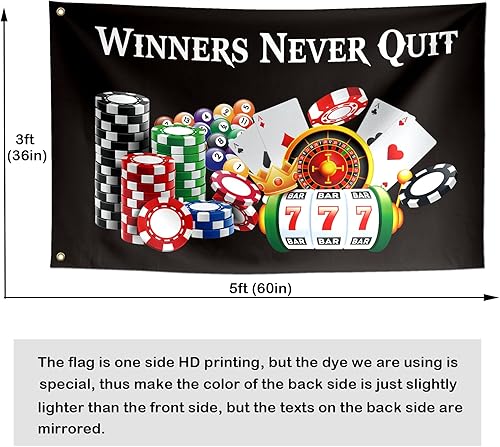 Miniatura 7 de Winners Never Quit Banderas divertidas Meme Cool Flags Banner de 3 x 5 pies Room Guys College Dormitorio Cueva de Hombre Decoración de pared para