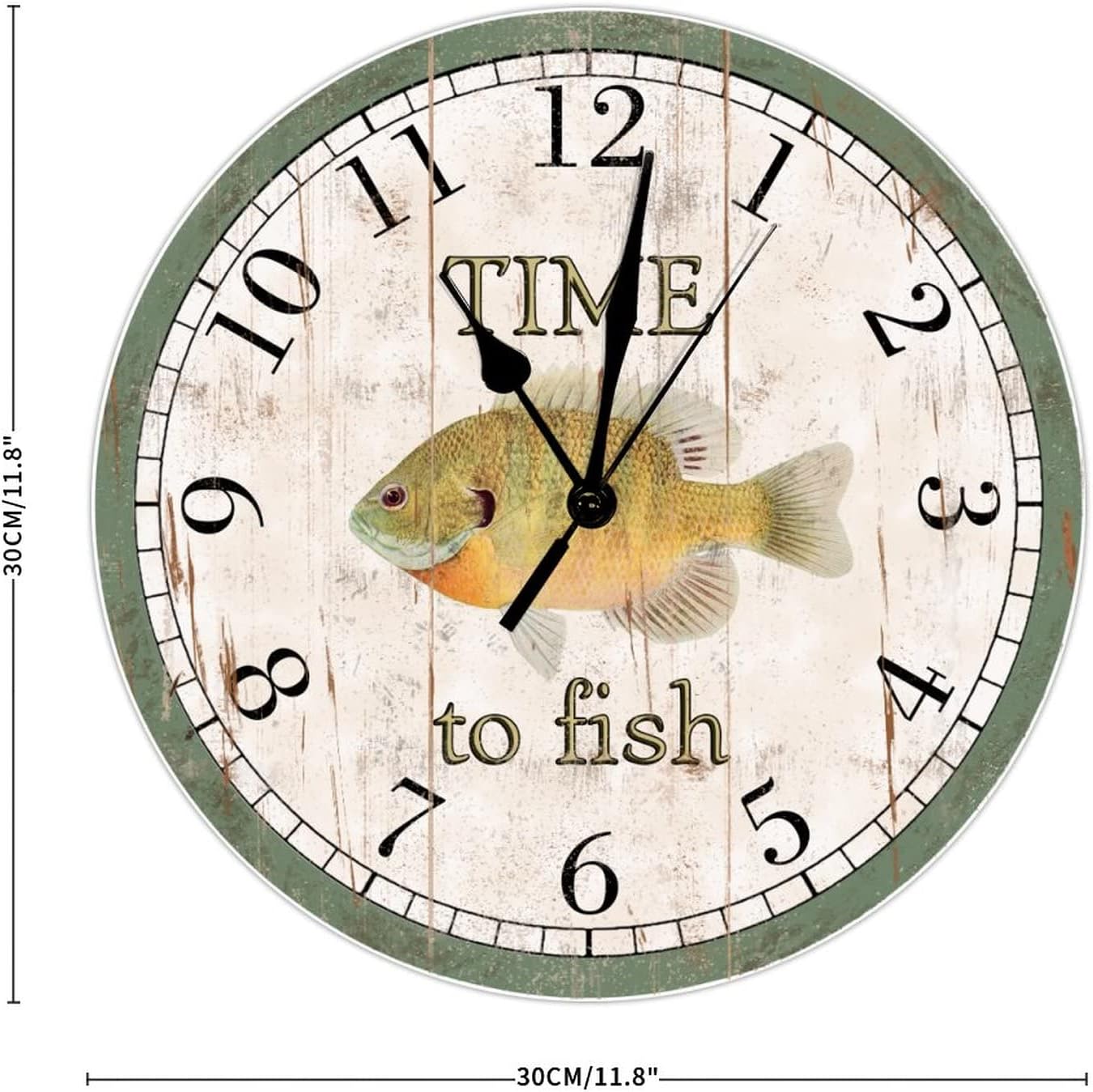 Fishing Wall Clock, Yellow Wood, Analog Display, 12" Diameter
