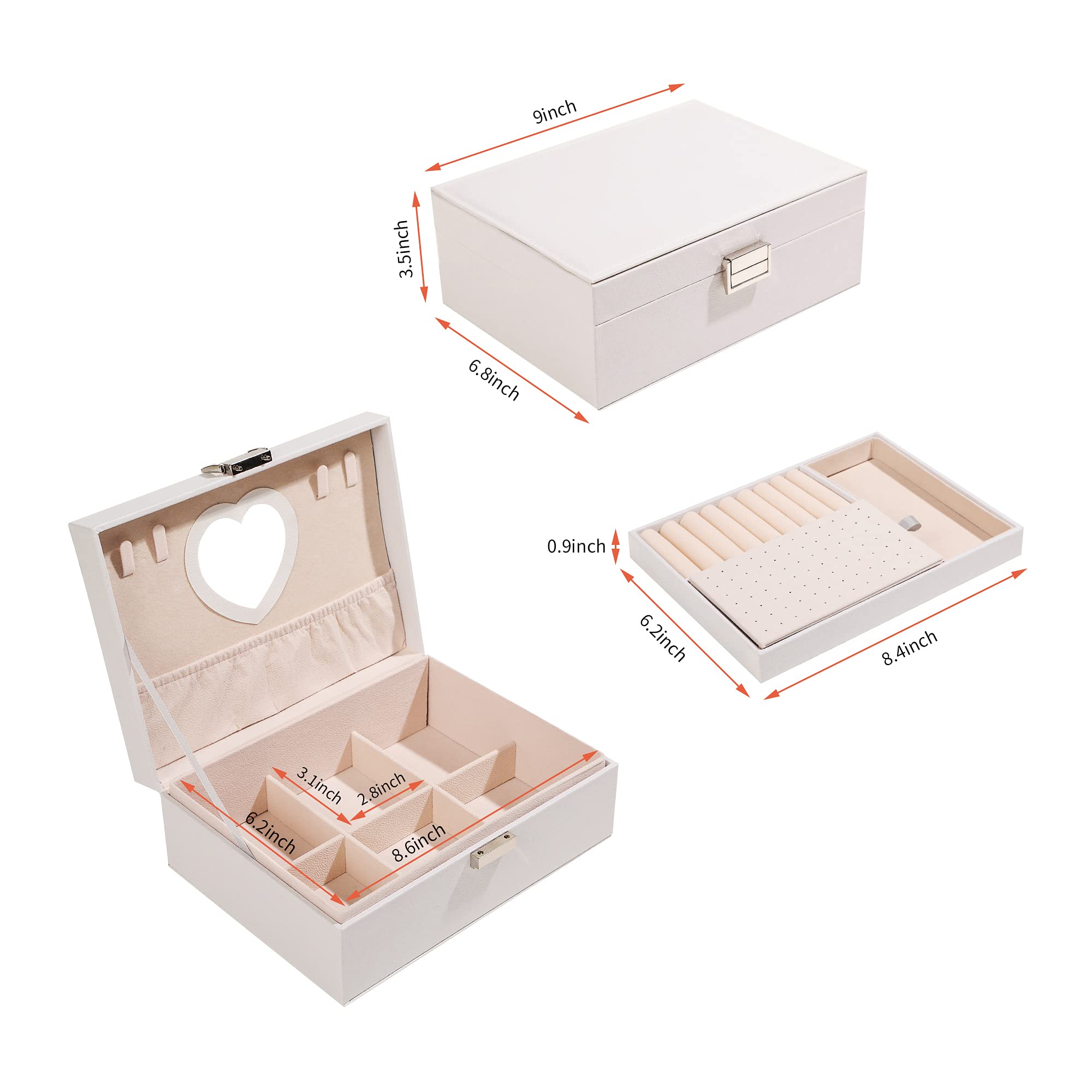 Schmuckkästchen für Mädchen, zweilagig, PU-Leder, Schmuck-Organizer-Box, mit Schloss und Herz-Spiegel