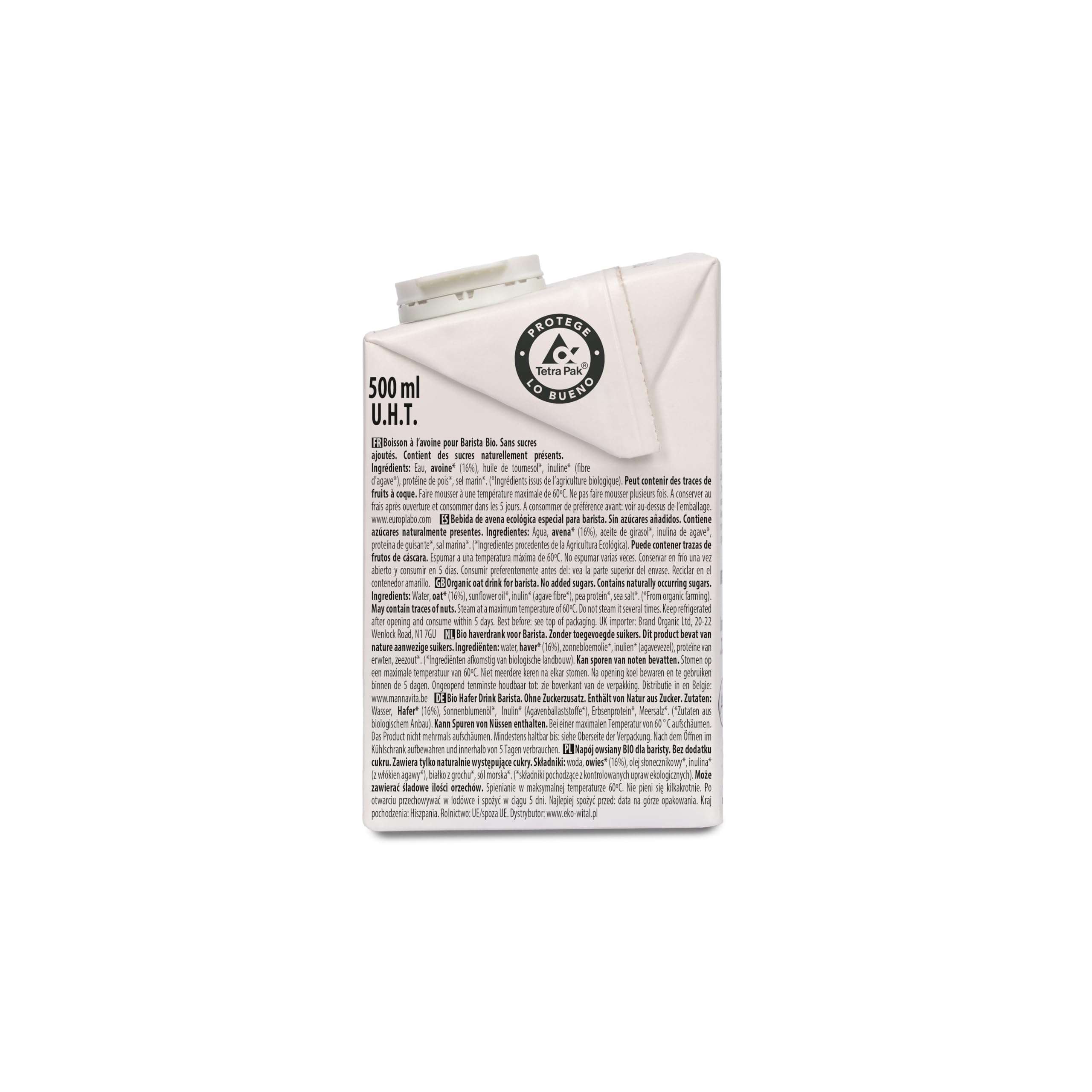 Ecomil Avena Barista Ecológica 6 x 500 ml Bebida de Avena para Café Sin Azúcares Añadidos