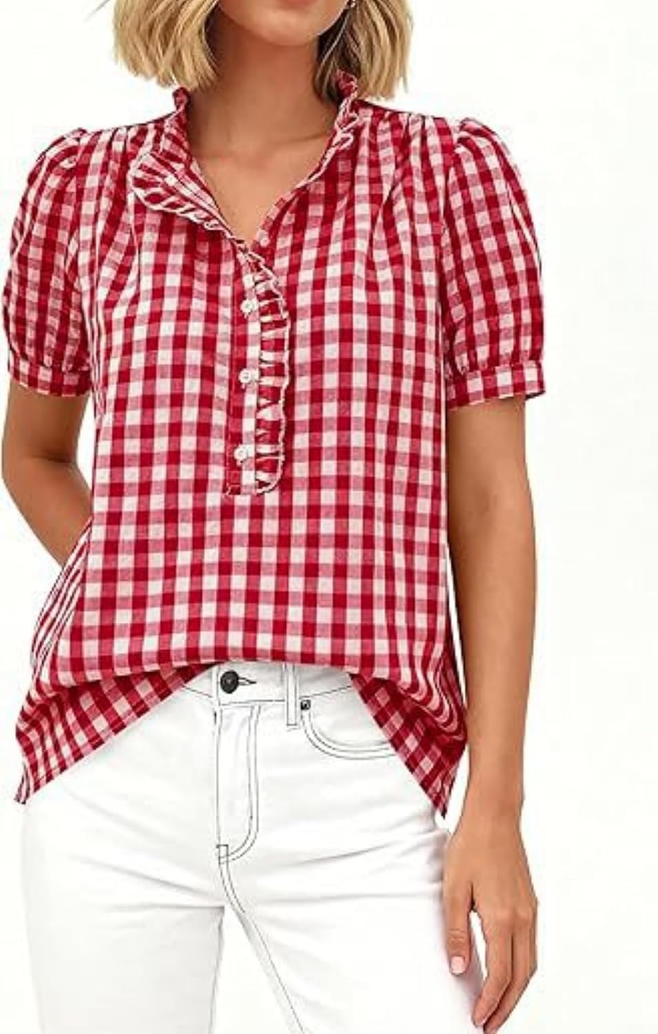 MINTLIMIT Womens Plaid Blouse Peasant Button Down Ruffle Neck Plaid Puff Short Sleeve Gingham Blouse Shirts