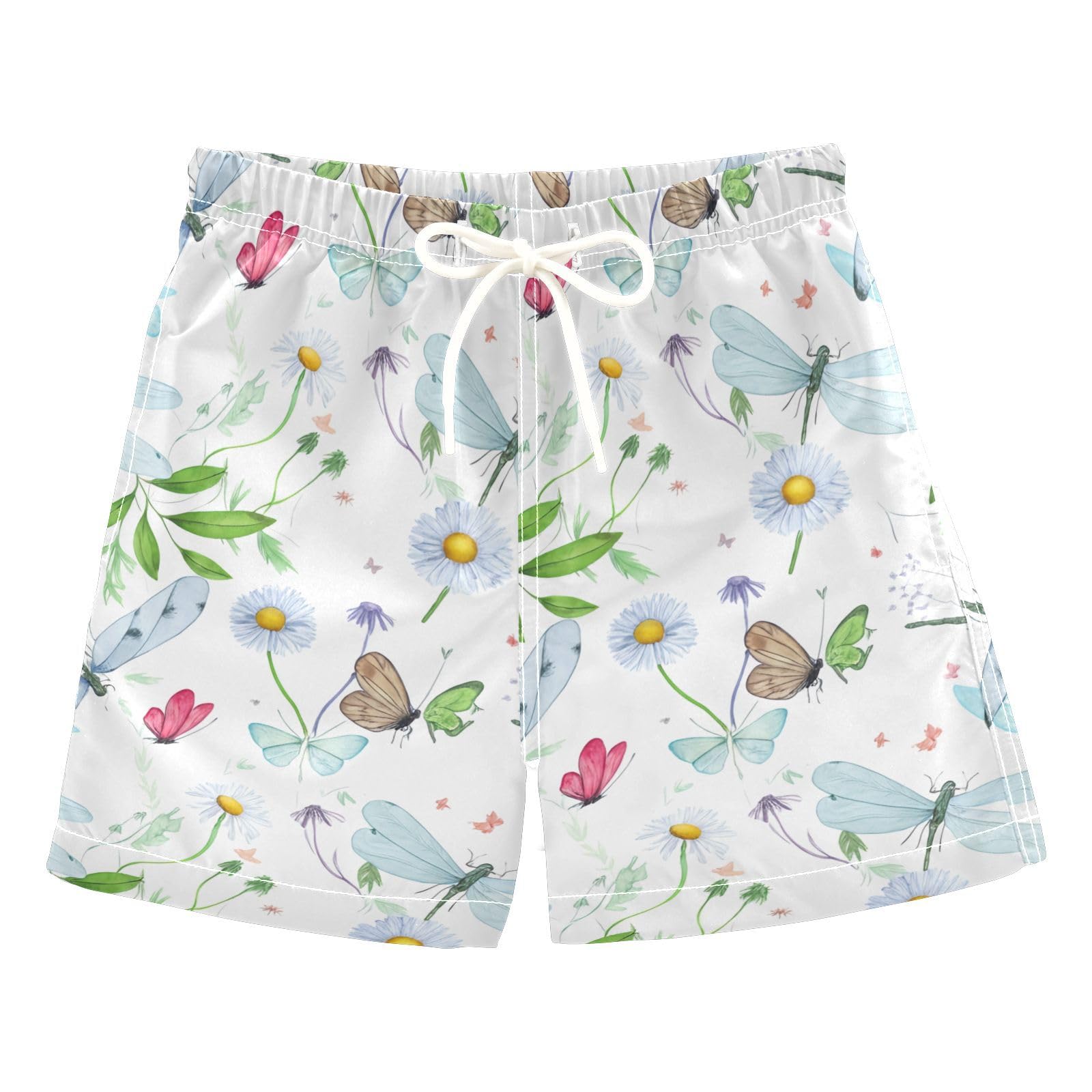 DOMIKING Dragonfly Daisies White Kids Board Shorts Little Boys Adjustable Bathing Suit for Hiking Swimming Quick Dry 4T