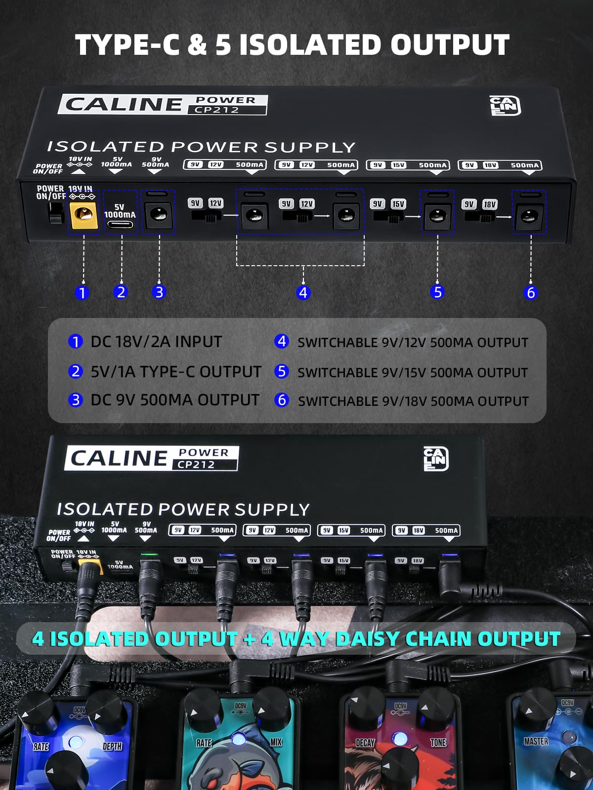 Caline True Isolated Pedal Power Supply CP-212, commutabile 9 V/12 V/15 V/18 V per chitarra a pedale, mini alimentazione a pedale da 500 mA con uscita di tipo C e catena a margherita a 4 vie