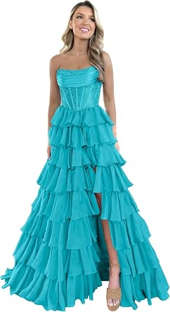 Strapless Ruffles Prom Dresses for Women Sparkly Tiered Chiffon Corset Long Formal Evening Gowns with Slit