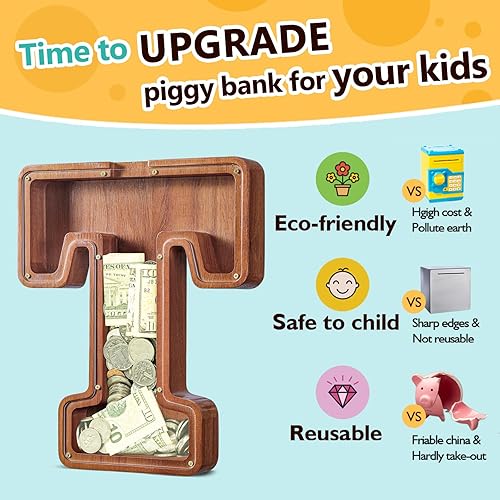 Miniatura 130 de SummiDate Alcancía de madera con nombre, niños y niñas, tamaño grande, letras alfabeto A-Z, monedas y billetes, inicial en cubierta transparente