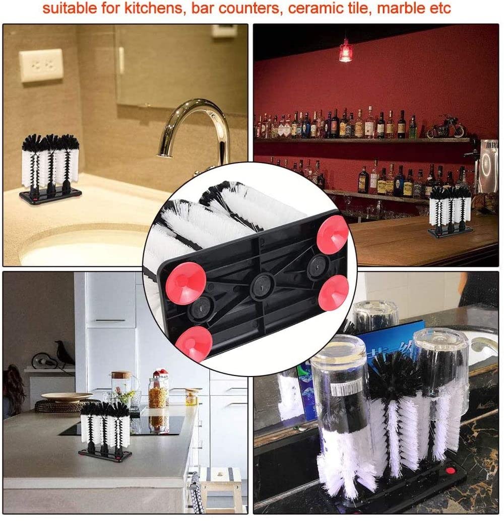 Rondella per vetro con 3 testine a spazzola con base a ventosa per pulire tazze in piedi, spazzola lunga rimovibile per bottiglie e lavabicchieri a doppio lato, ideale per bar, ristorante, cucina,