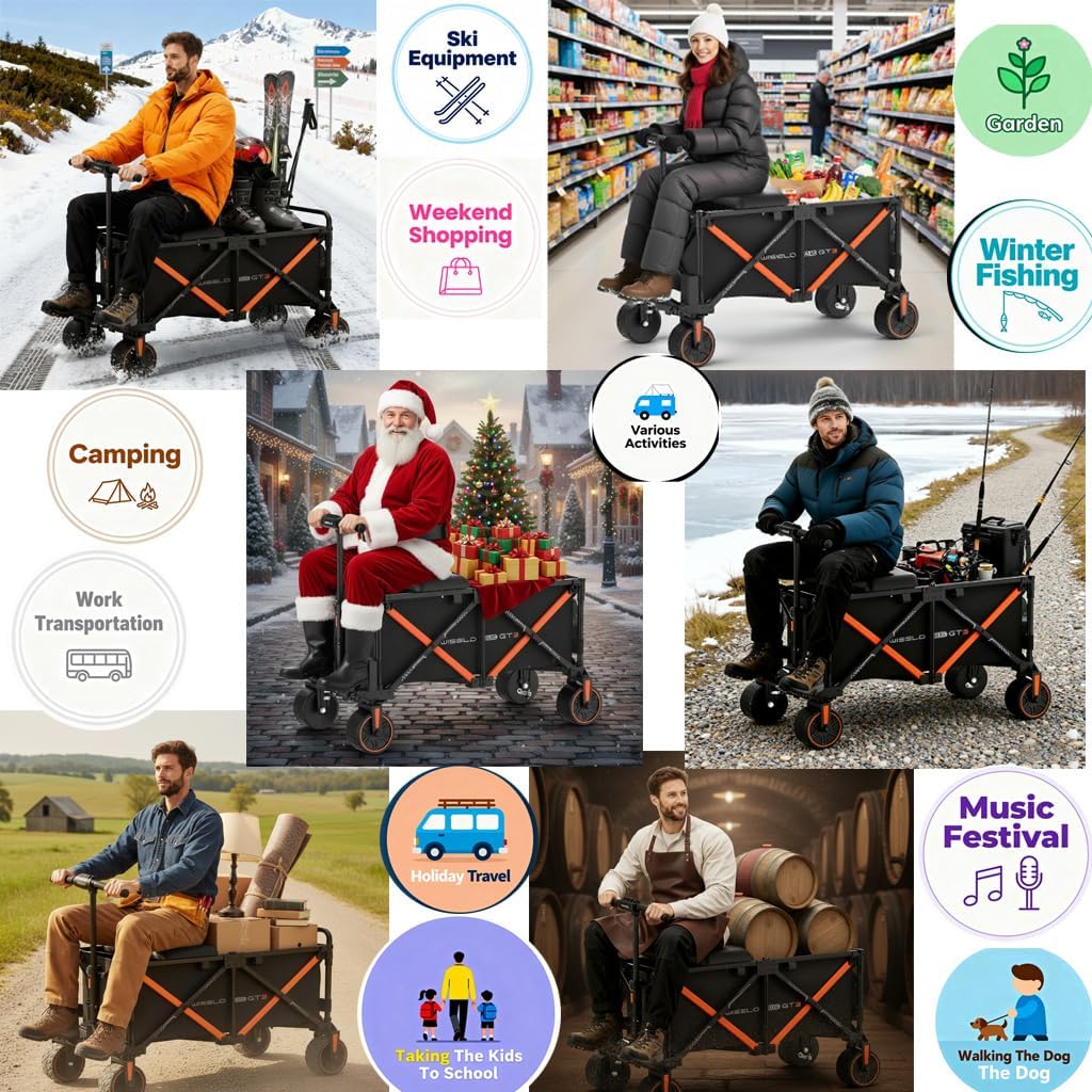 WISELD GT3 Electric Wagon Cart with Seat, Dymanic Load 551LBS/Static 771LBS All Terrain Wagon Heavy Duty, Reverse Function, Precision Steering, 2 Modes for Grocery Shopping, Sports, Garden, Camping