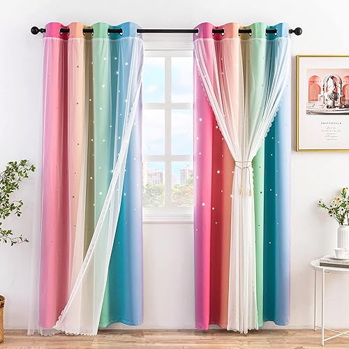 Miniatura 8 de Stiio Cortinas opacas para niños, 2 paneles, con diseño de rayas degradadas con estampado de arco iris, bloqueo de luz, tratamiento de ventana para