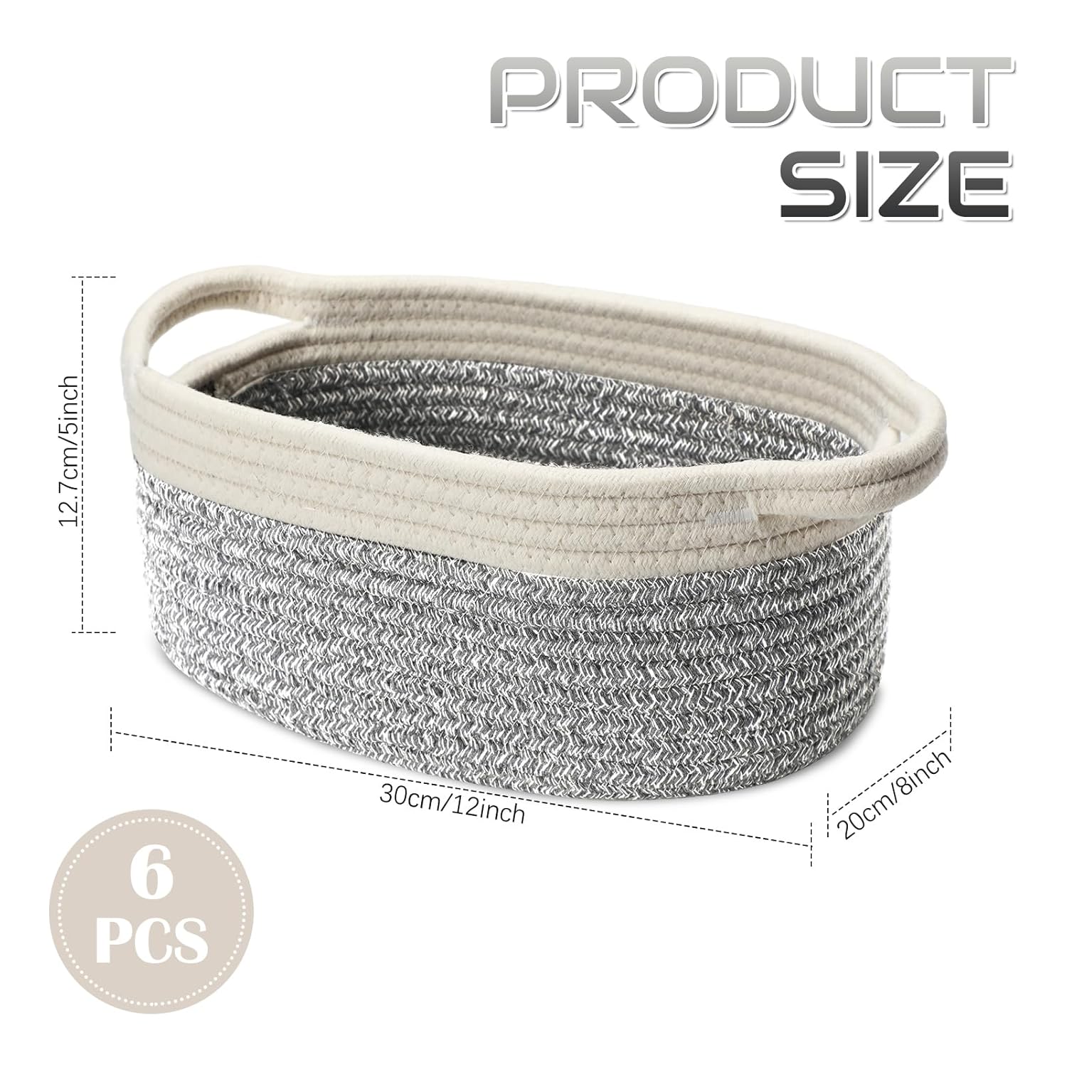 6 Pcs Small Woven Basket 12 x 8 x 5 Empty Gift, Cotton Rope Storage, Decorative Dog Cat, Cute Oval Basket for Bedroom Living Room Organizing(Gray)