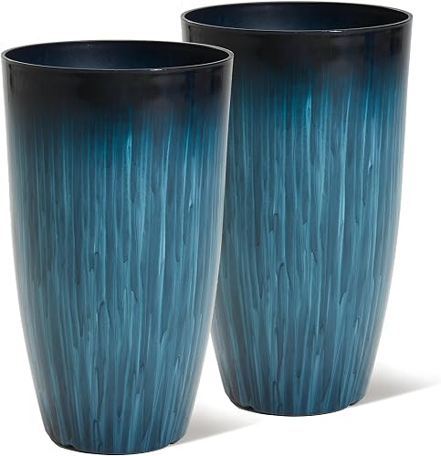 Worth Garden 23.5" Tall Plastic Planters Set of 2 with Drainage Holes, Gradient Blue Glossy Finish, Large Lightweight Round Plant Pots for Indoor Outdoor Use, Decorative Flower Pots for Front Porch