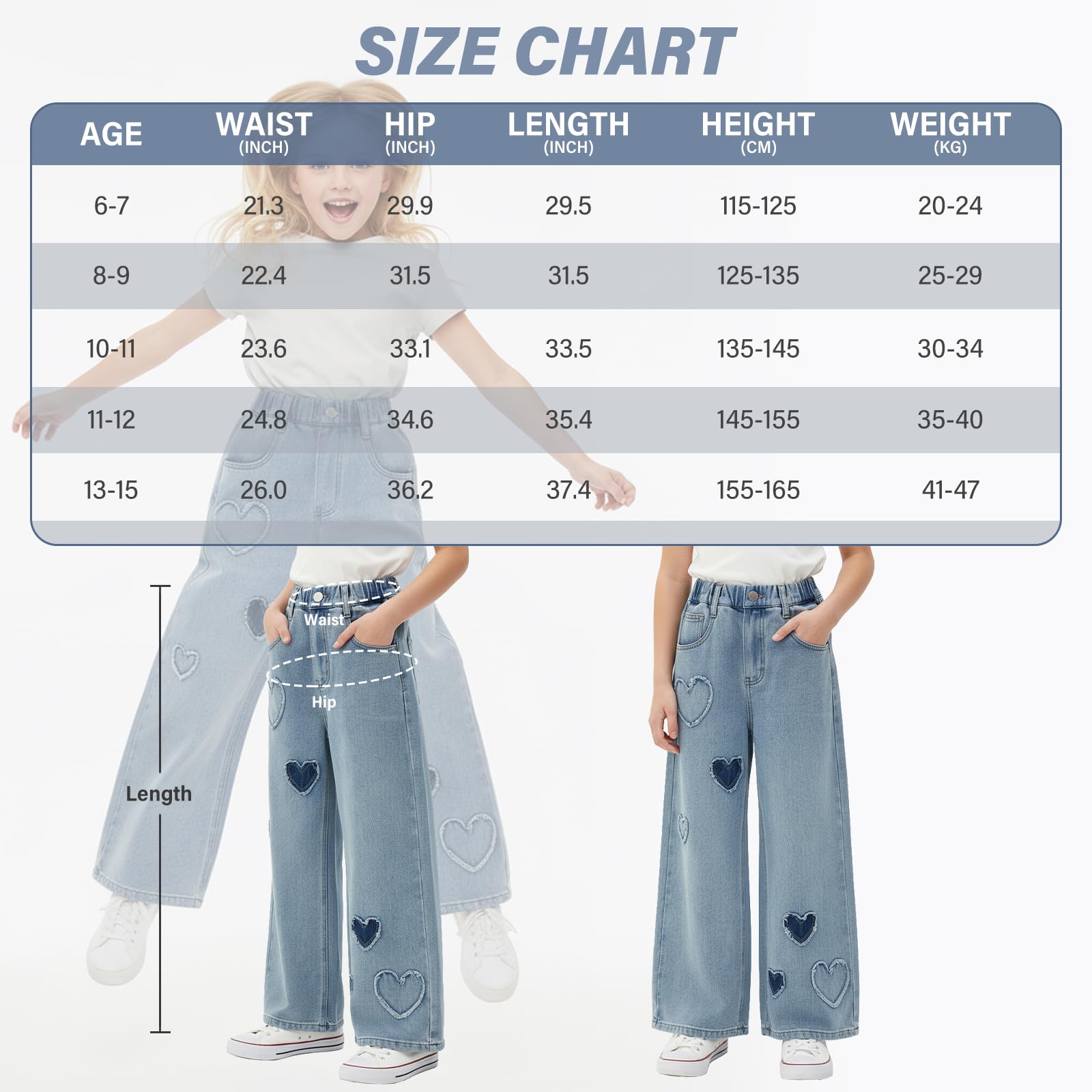 Jeans larghi a gamba larga da ragazza, pantaloni elasticizzati in denim a vita alta, casual, pantaloni hip hop a forma di cuore sciolto per bambini dai 6 ai 15 anni