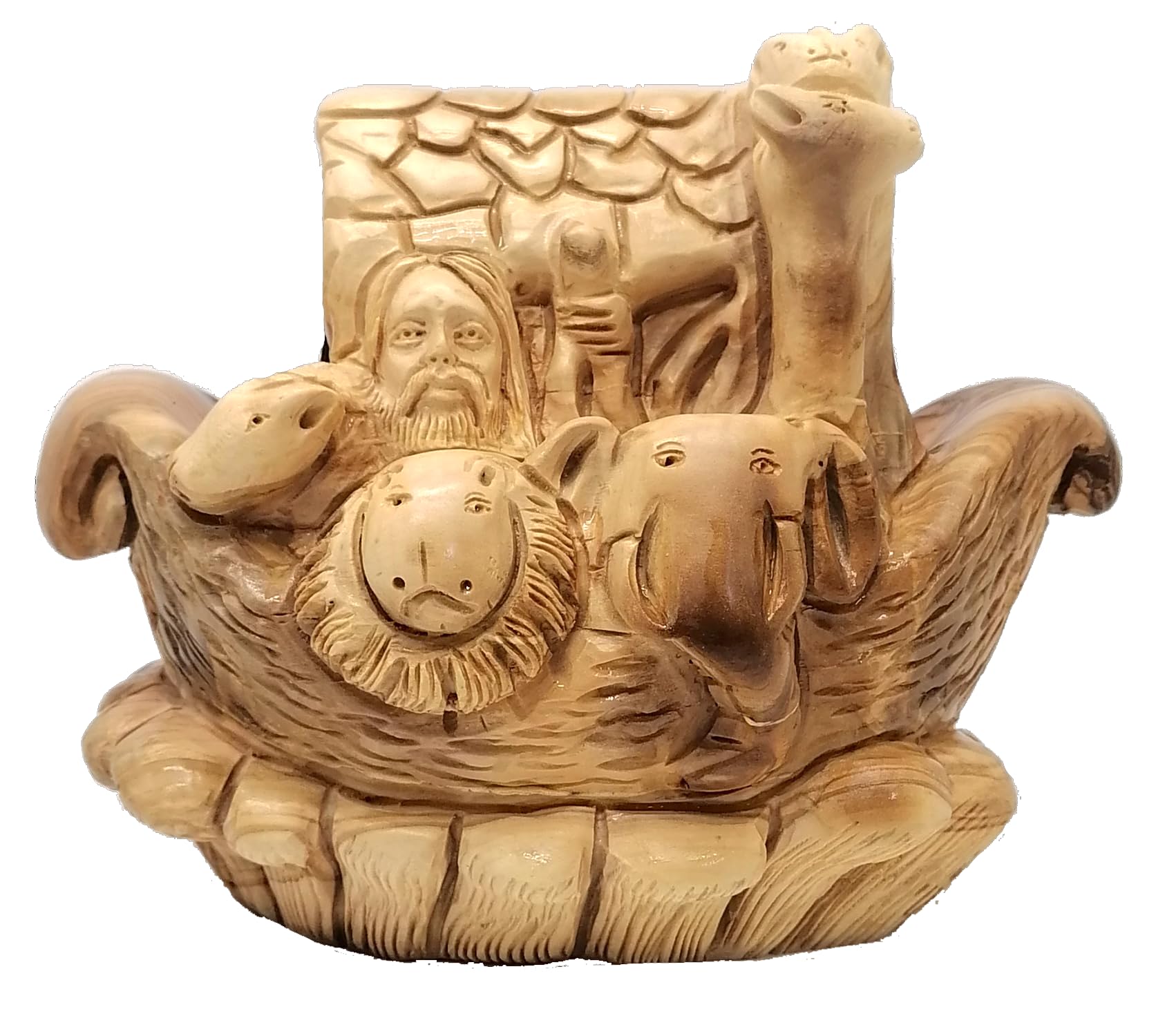 Zuluf Hand-Carved Olive Wood Noah's Ark with Animals Statue – Premium Christian Decor & Gift from The Holy Land 6.3INCHES FIG030