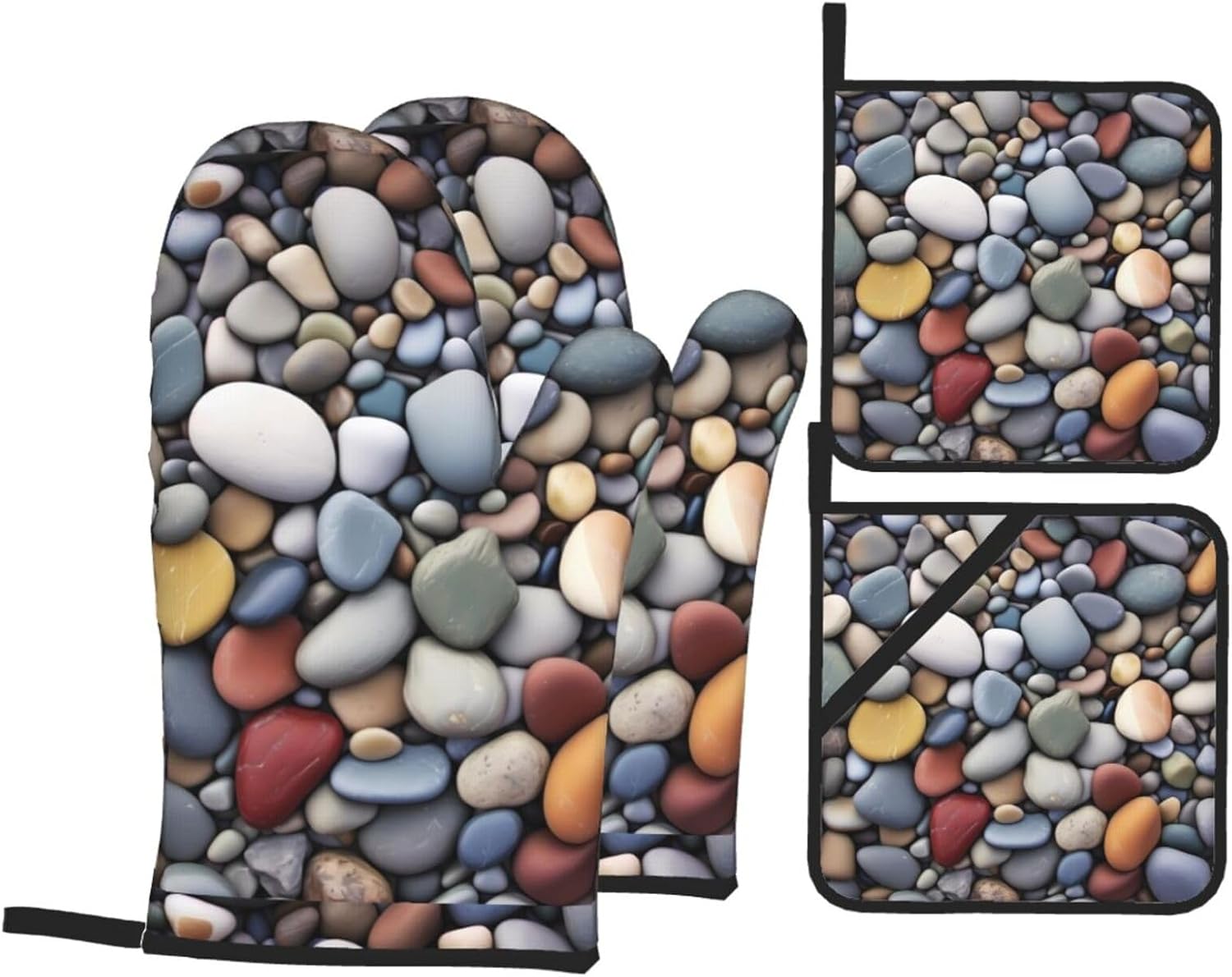 (Pebble Stone) Baking 4-Piece Set: 2 Oven Mitts and 2 Pot Holders Heat Resistant Waterproof Hanging Loop for Kitchen Oven Grill Housewarming Gifts