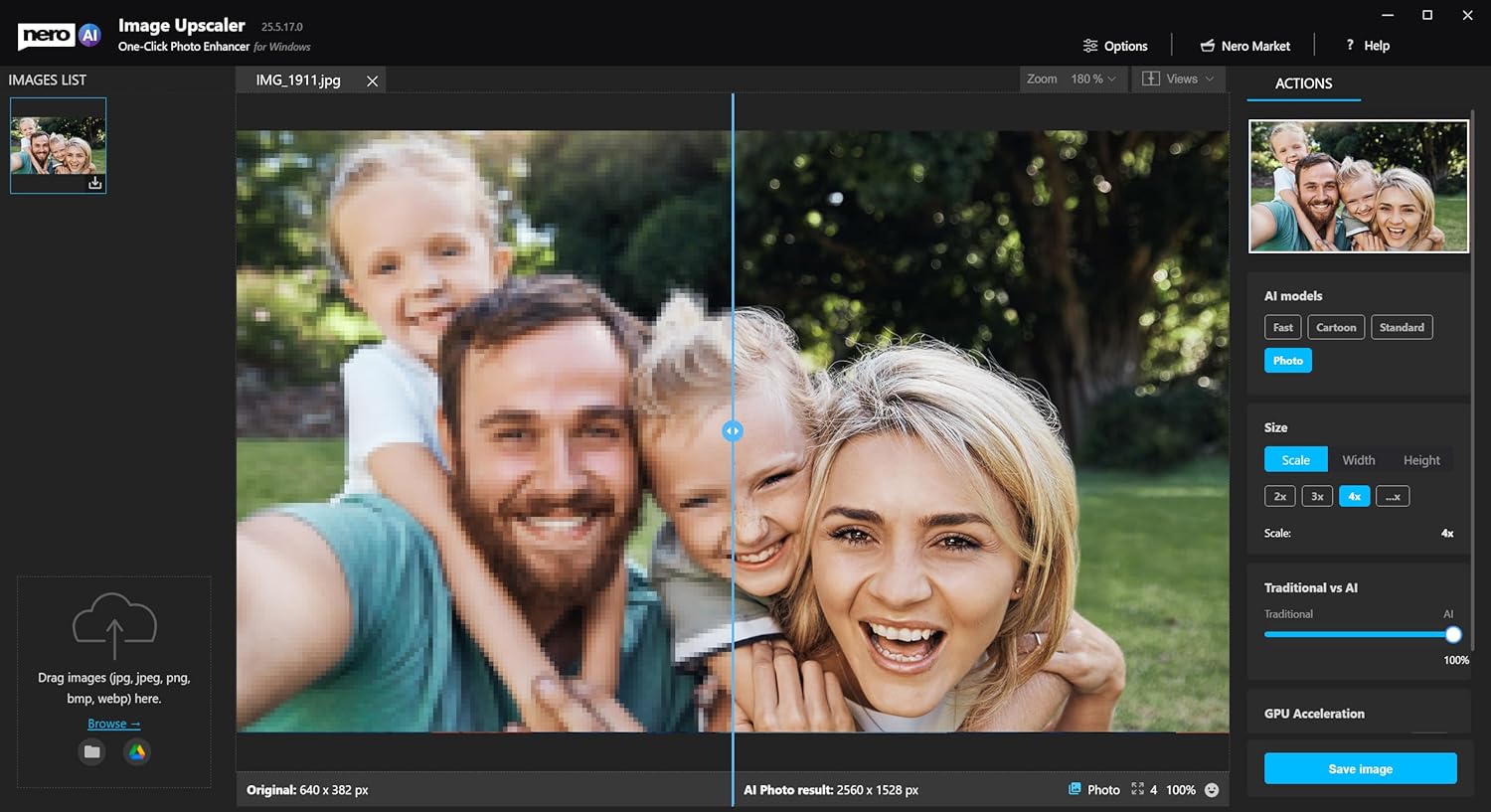 Nero Image Upscaler interface showing before and after comparison of an upscaled image