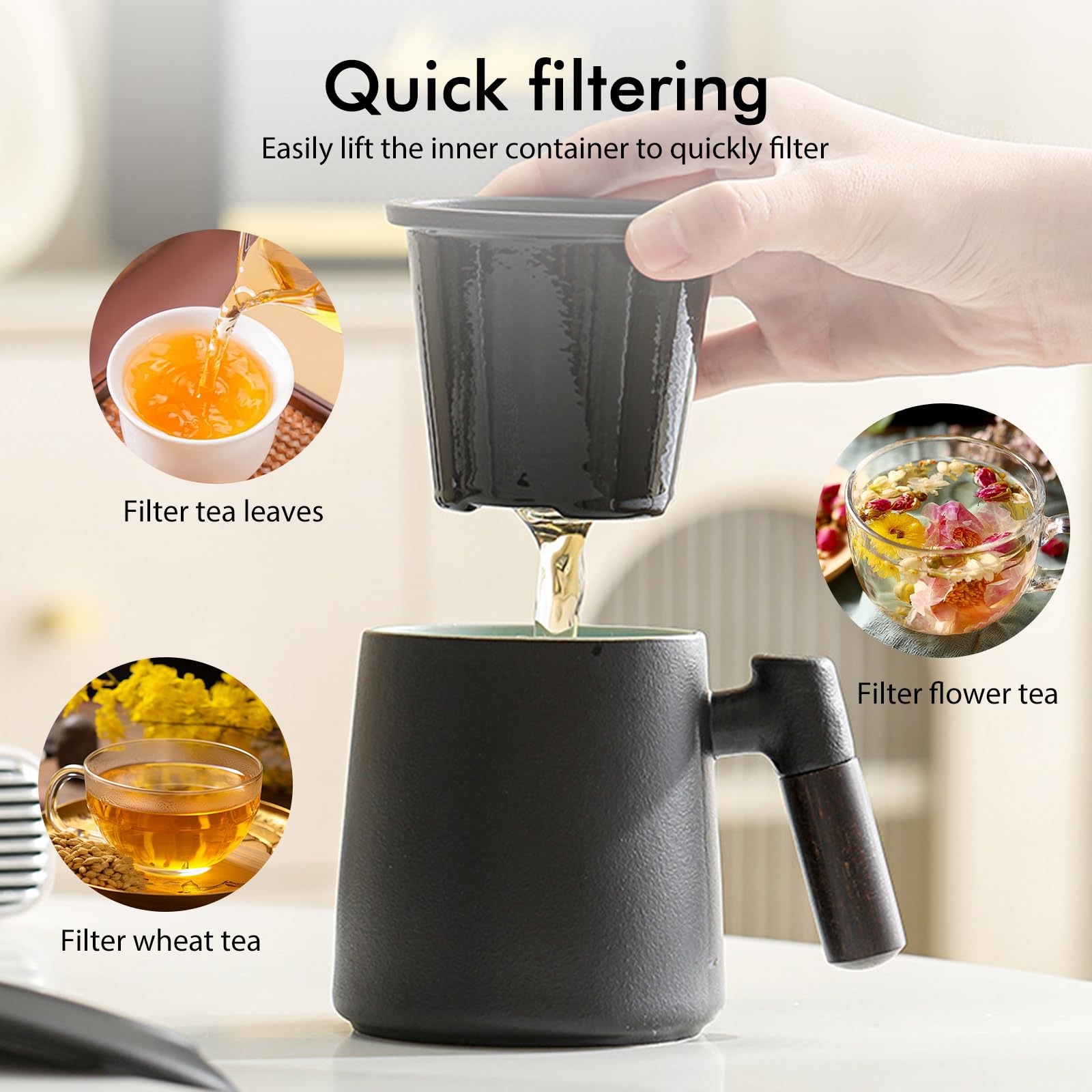 Teetasse mit Deckel und Sieb, 400 ml Holzgriff Teebecher, Matte Keramik Teetassen mit Teesieb und Deckel, Teetasse mit Teesieb für Teeliebhaber, Handgesprühte Schwarze Glasur für Tee Geschenke