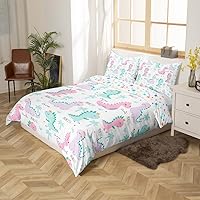 Vista 2 de Juego de ropa de cama con dinosaurios para niñas tamaño individual, lindo juego de funda de edredón rosa y morado con dinosaurios de dibujos