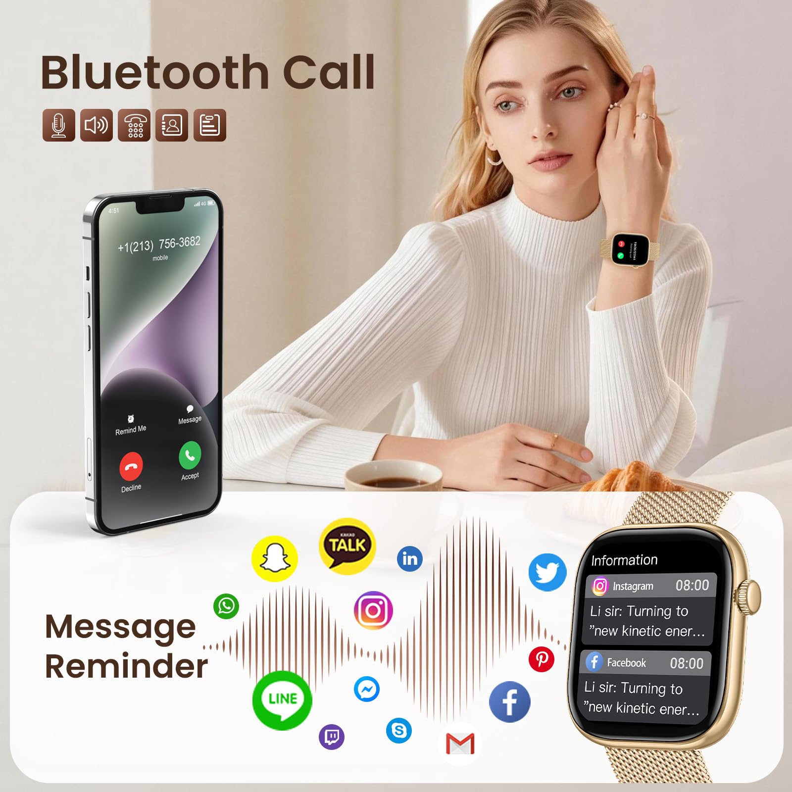 Smartwatch Mujer Reloj Inteligente con Llamada: 1.83'' Digital Smart Watch con Bluetooth Impermeable IP67 Monitor de Estrés Frecuencia Cardíaca Sueño Modo Deportivo 3 correas de reloj para Android iOS — view 2