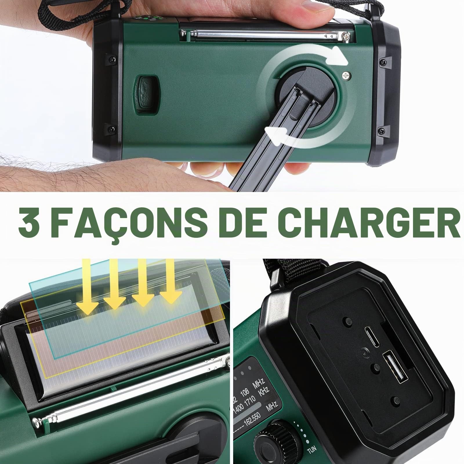 NOAA Radio météo d'urgence, meilleure batterie portable 10 000 mAh, manivelle, radios solaires AM/FM, chargeur de téléphone de type C, lampe de poche, lampe de lecture, boussole, alerte de survie SOS,