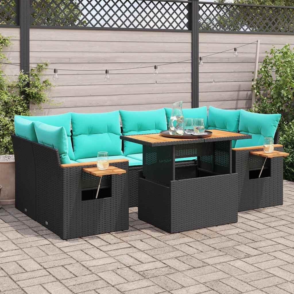 7 Piece Patio Sofa Set with Cushions Black Poly Rattan Patio Furniture Set Garden Seating Ensemble for Garden Deck