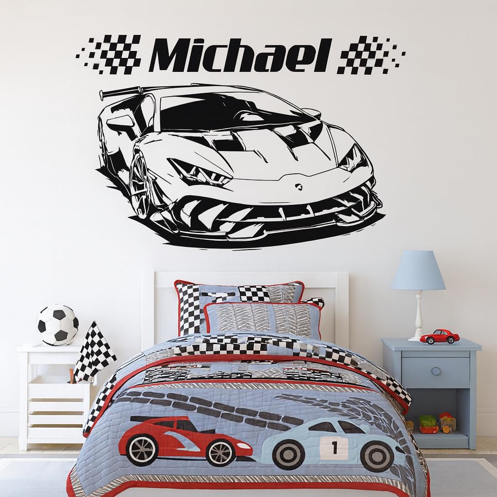 Personalized Name Racing Wall Decal – Custom Car Bedroom Decor for Boys – Sports Car Wall Sticker with Checkered Flag – Fast Car Kids Room Decoration Gift
