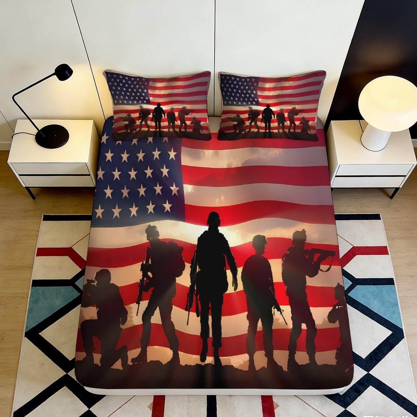 3D Printed American Flag Fitted Sheet Microfiber Soft Patriotic Soldier Bed Cover for Bedroom Guest Room Decor 120x200x25cm