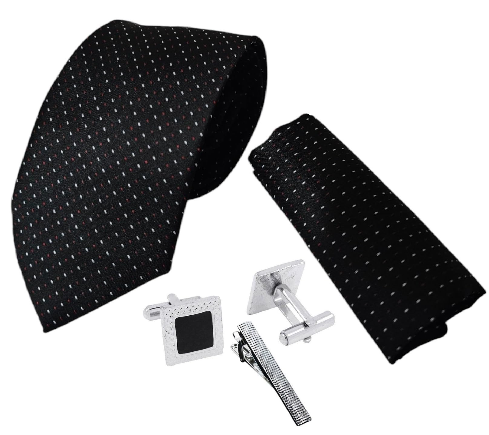 FashMade Premium Italian Silk Tie, Pocket Square with Square Brass Cufflinks & Silver Honeycomb Tie Pin Combo in Leather Gift Box for Men – Formal & Wedding Set tp-18-image-35