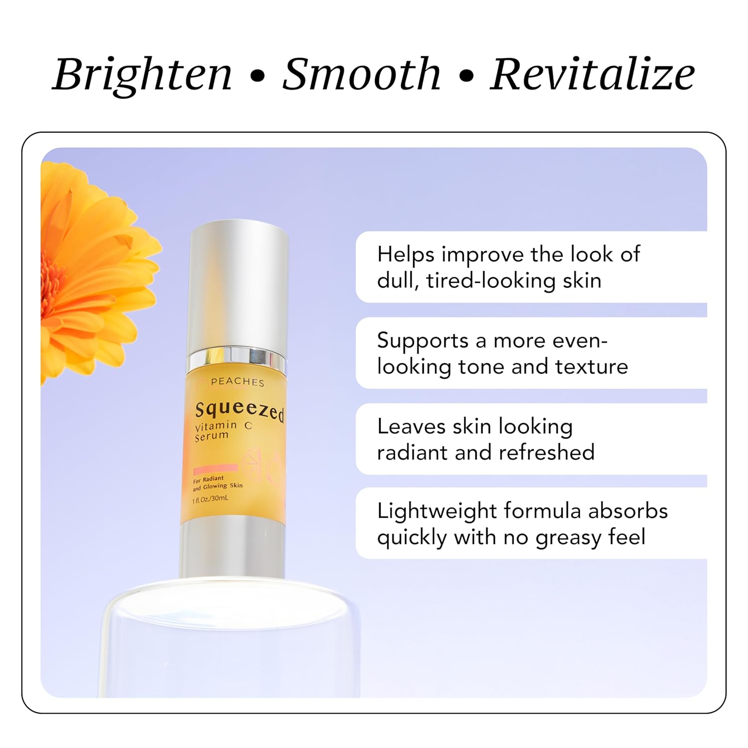 Peaches Skin Care Squeezed Vitamin C Serum with Kakadu Plum, Gold and CoQ10 – Lightweight Hydrating Formula for Radiant-Looking Complexion – Vegan Skincare for Women, 1 fl oz - Image 3