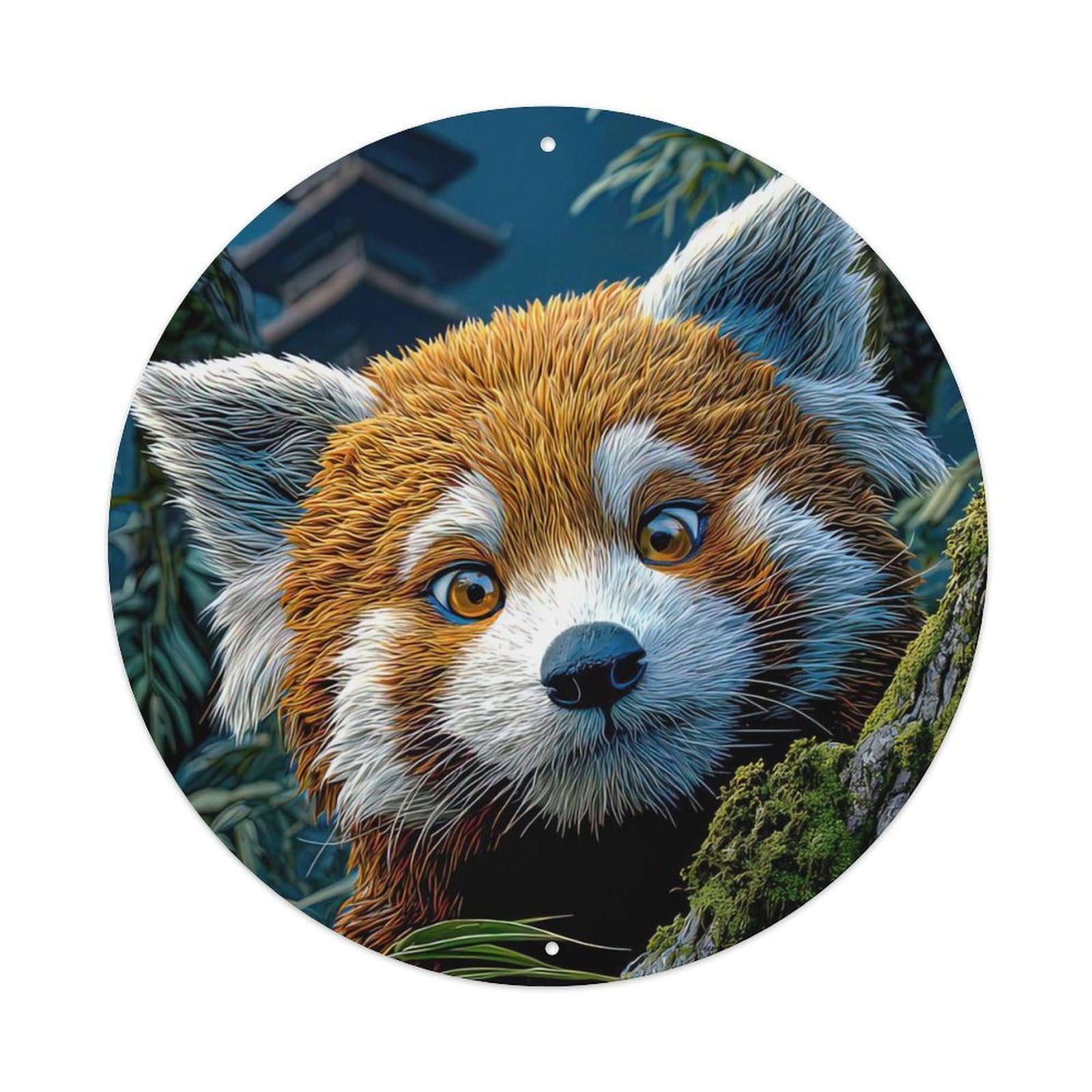 Animal Red Panda in Bamboo Forest with Oriental Pagoda Cute Wildlife Vintage Metal Tin Sign Plaque Wall Decor for Cafe, Club Bar, Office, Garden Metal Poster 8x8Inch