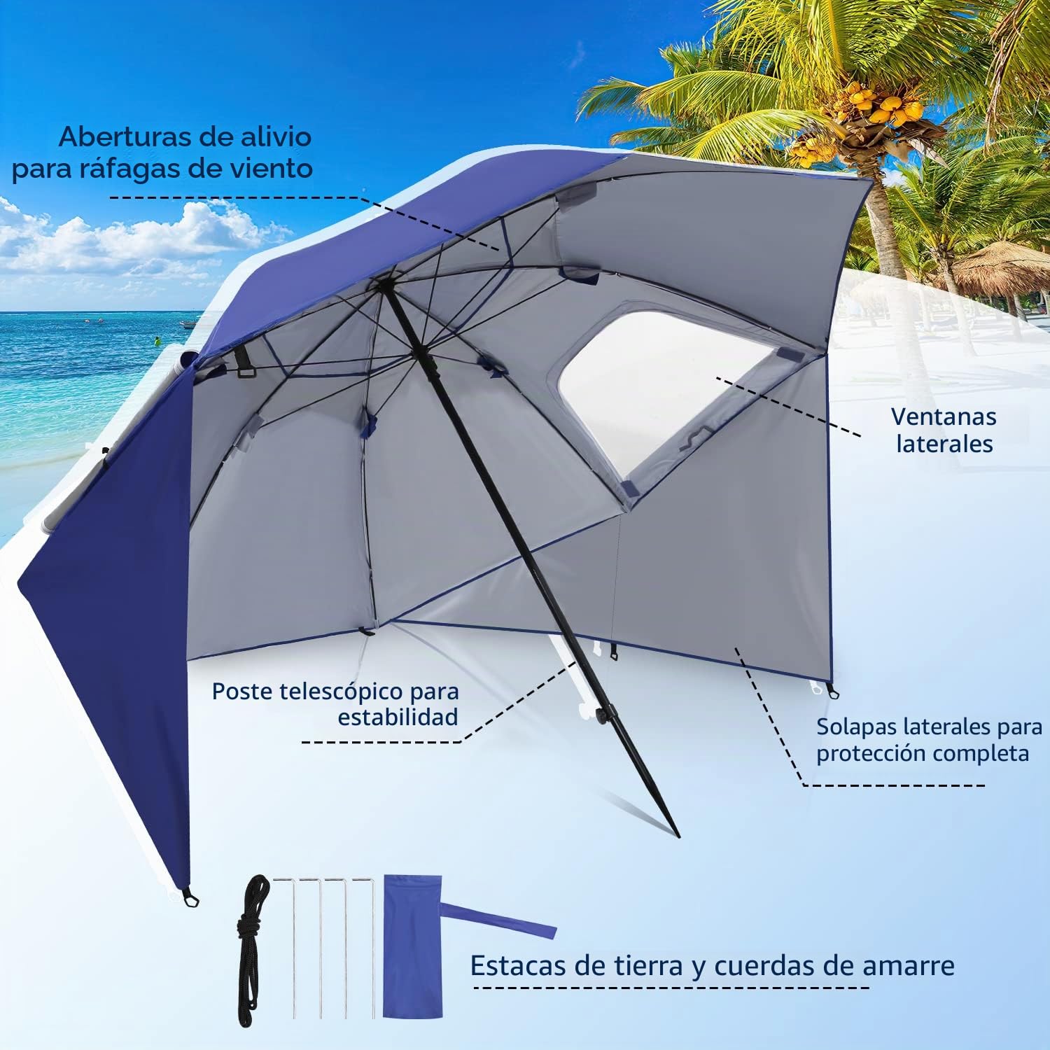 Daromigo Sombrilla 2 en 1 semáforo de aluminio paraguas protección solar protección UV 50, 210 x 220 cm concha de playa para playa jardín plegable multifuncional, con ventana y bolsa de transporte