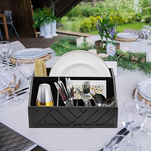 Miniatura 3 de Dispensador de platos de papel, soporte de platos de papel para encimera de cocina, organizador de cubiertos rústico de madera, caja organizadora de