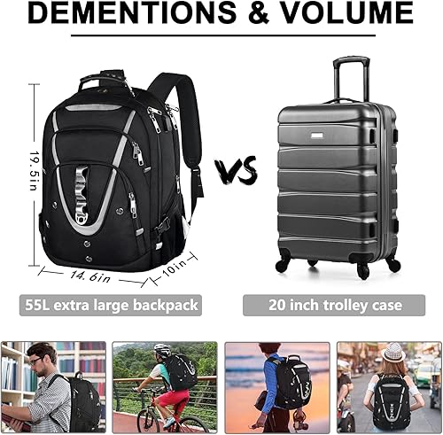 Miniatura 5 de Mochila para laptop de 18.4 pulgadas para hombre, 55L-60L, extra grande, para videojuegos, con puerto de carga USB, bolsillo antirrobo aprobado por