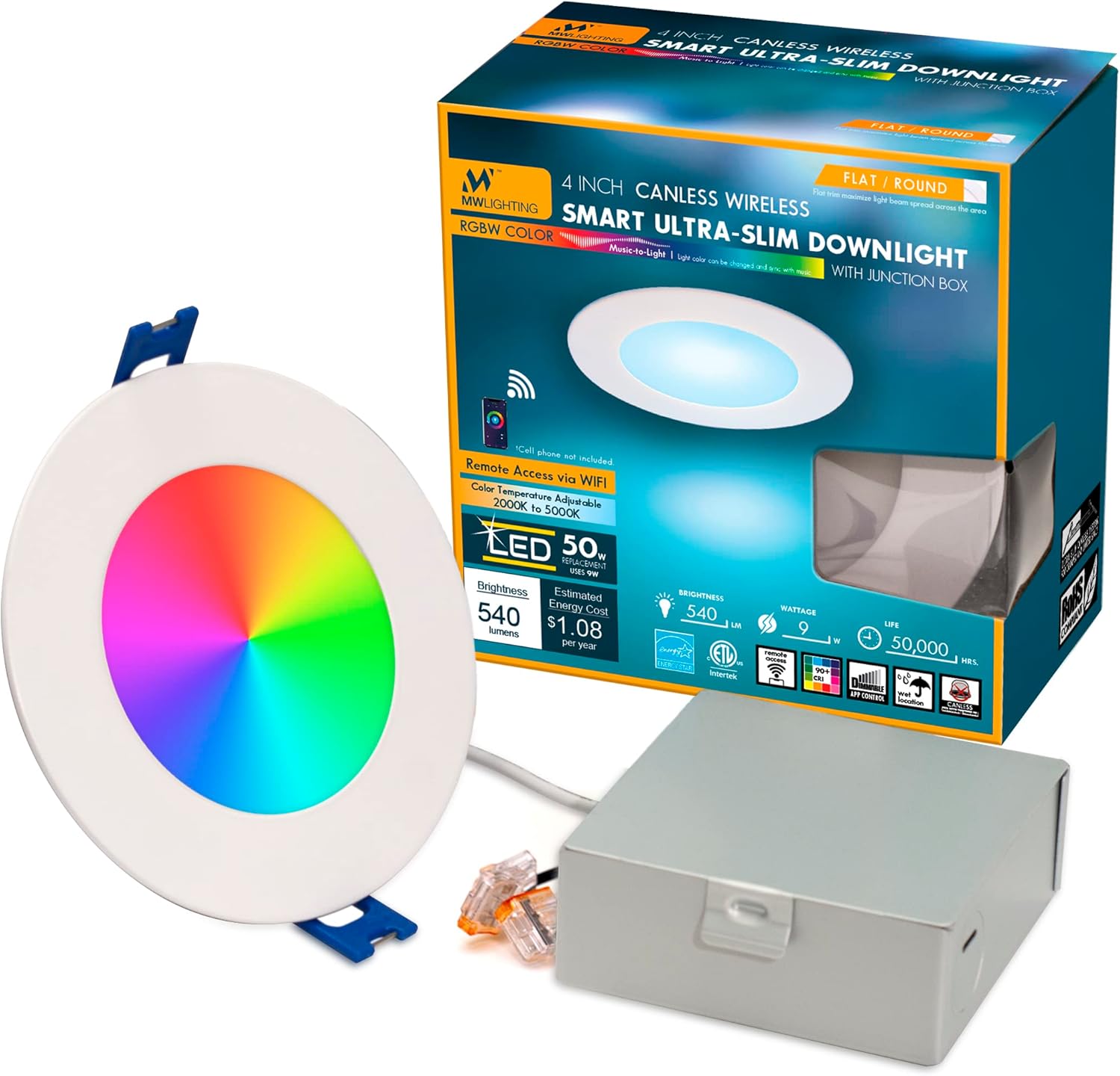 MW 4 inch Canless UltraSlim RGB LED Downlight with Flat Trim, 540