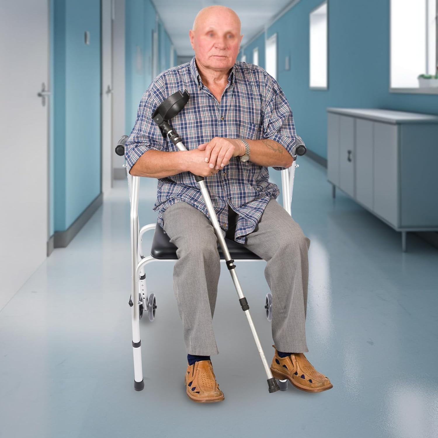 Foldable Walker with Wheels Seat, Aluminum Folding Lightweight Walkers, Multi-Functional Walkers for Seniors, Adjustable Height Foldable Chair for Elderly, Pregnant Women, Arthritis Sufferers