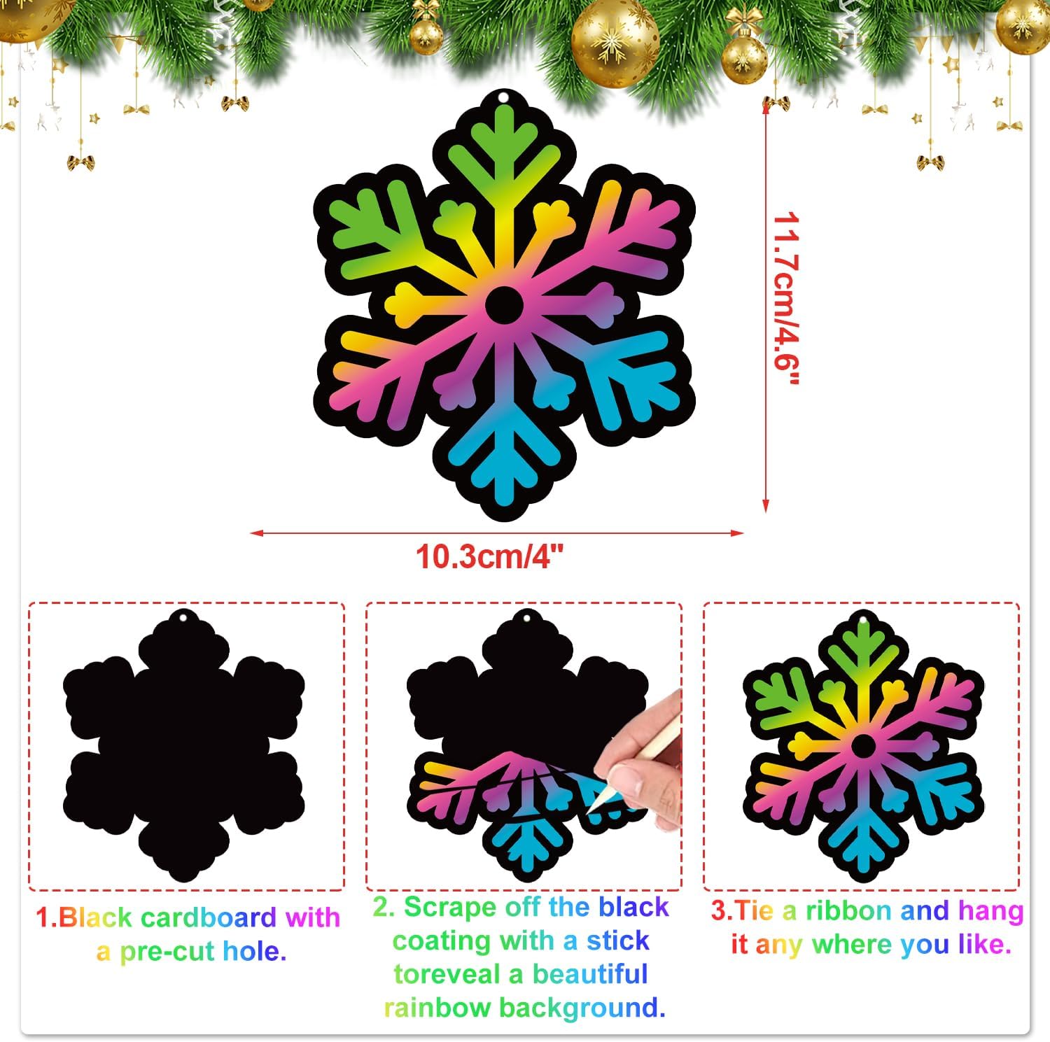 HOWAF 36pcs Winter Snowflake Scratch Art, Snowflake Rainbow Scratch Paper Hanging Winter Wonderland Decorations Ornaments Arts Crafts for Christmas Birthday Party Bag Fillers