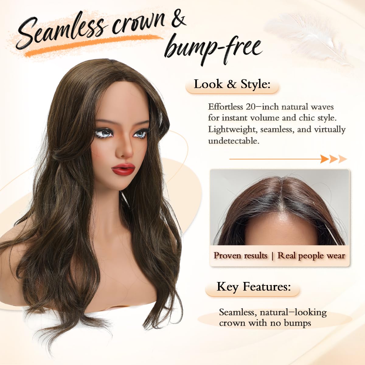 20 Inch Wavy Hair Topper, Seamless Toppers Hairpieces for Women with Thinning Hair, Lightweight & Breathable, Adds Natural Volume, 2 Ways to Wear- Clip In or Invisible Wire