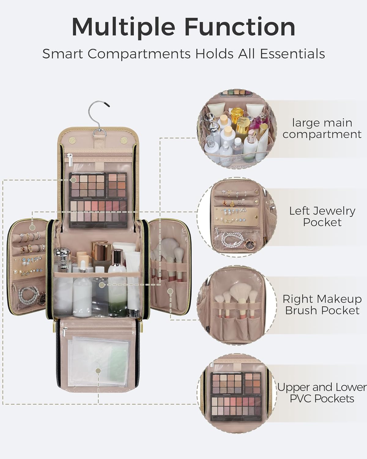 Hanging Toiletry Bag, PU Leather Makeup Bag Large Capacity with Jewelry Organizer for Brushes Set, Cosmetic Accessories, Khaki