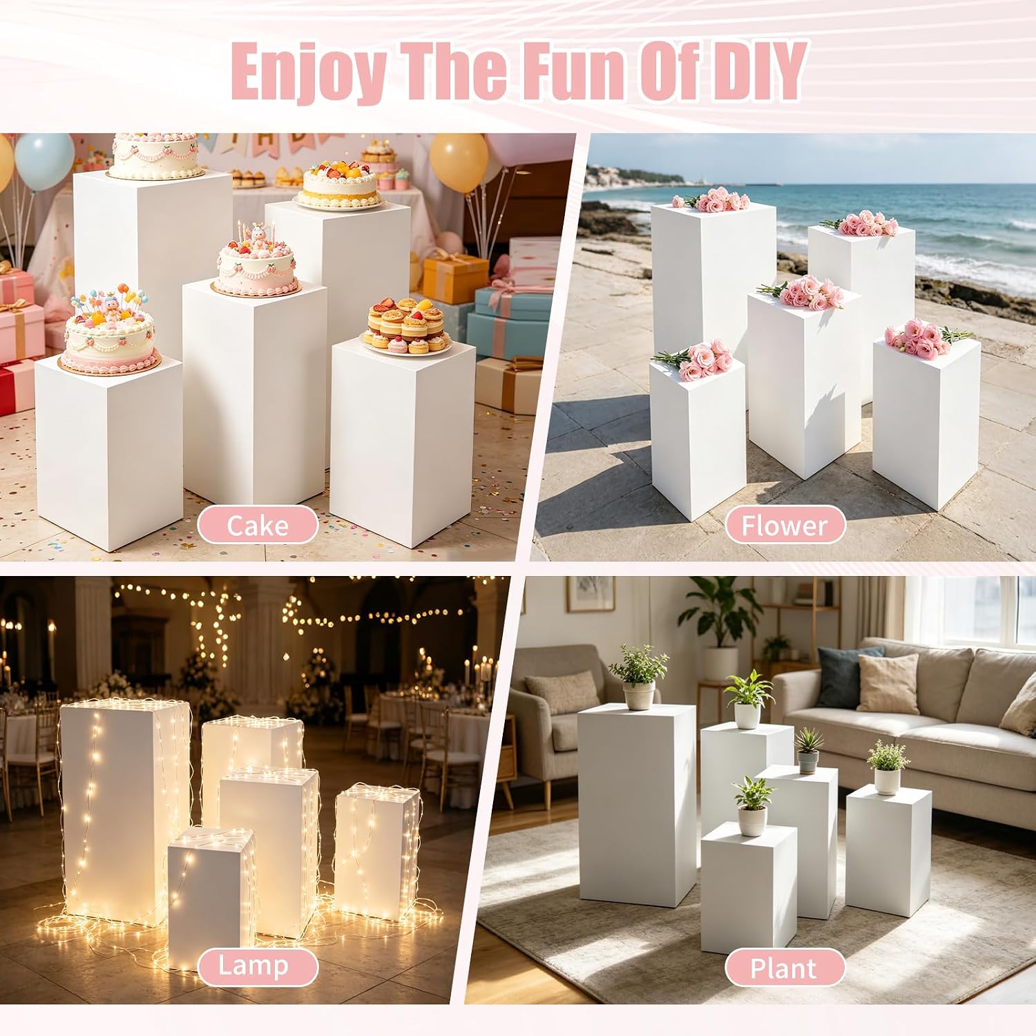 5PCS Iron Square Pedestal Stands, White Dessert Table Cube Display Pillars, Wedding Party Art Decor Display Column for Patios, Corridors and Entrances (17.72-34.65in Square)