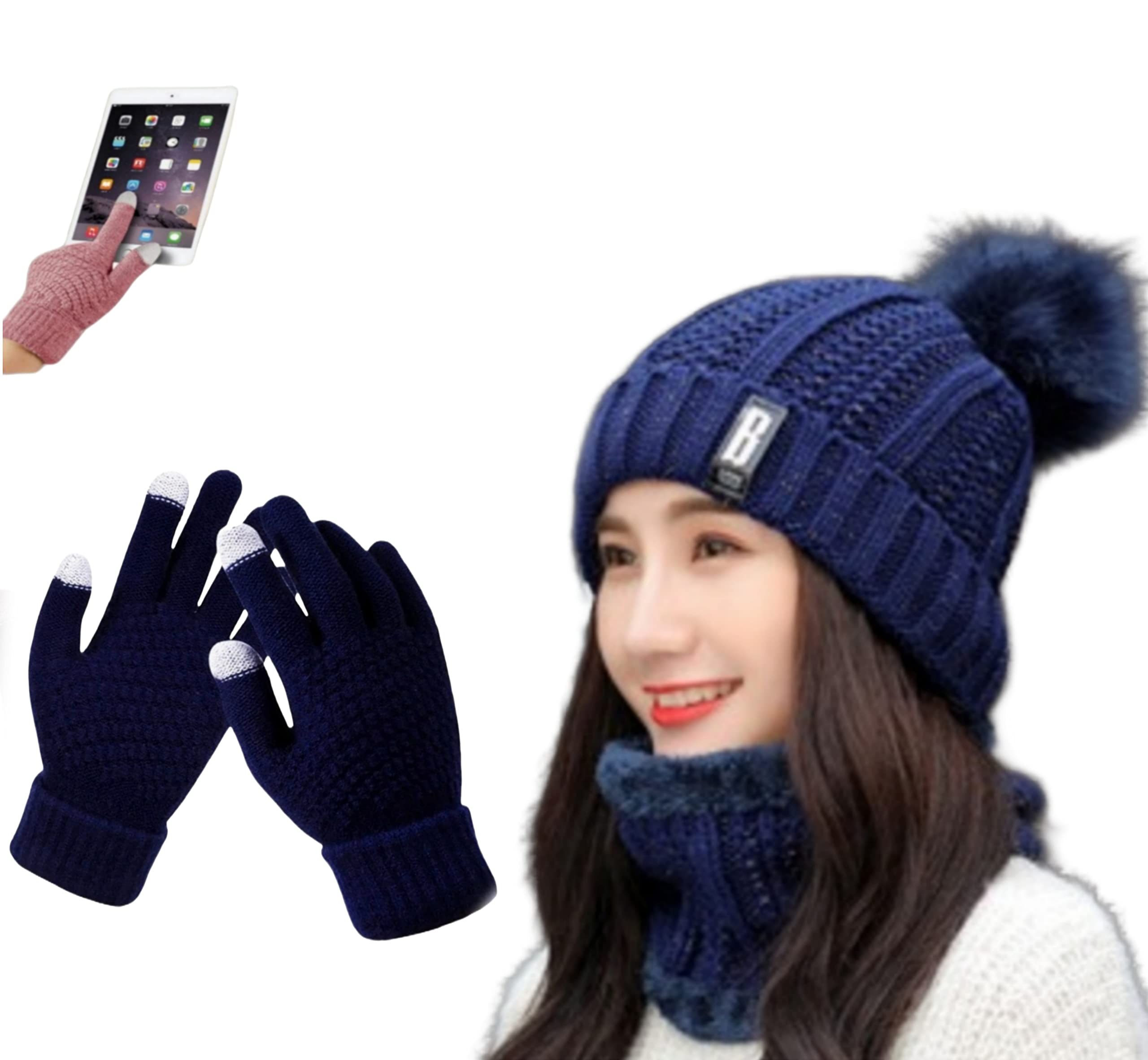 reffer Latest Stylish Women's Girl's Winter Woolen Warm and Snow Proof Soft Beanie Cap and Scarf Set (Fur Inside) Women Winter caps-picture-15