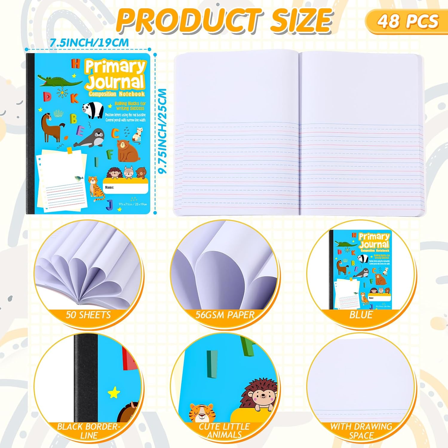 Watersay 48 Pcs Primary Composition Notebook K-2 with Picture Space Primary Journal Grades K-2 Animal Print 50 Sheet (100 Pages) Drawing and Writing Notebook for Preschool, 1st 2nd Grade (Blue Color)