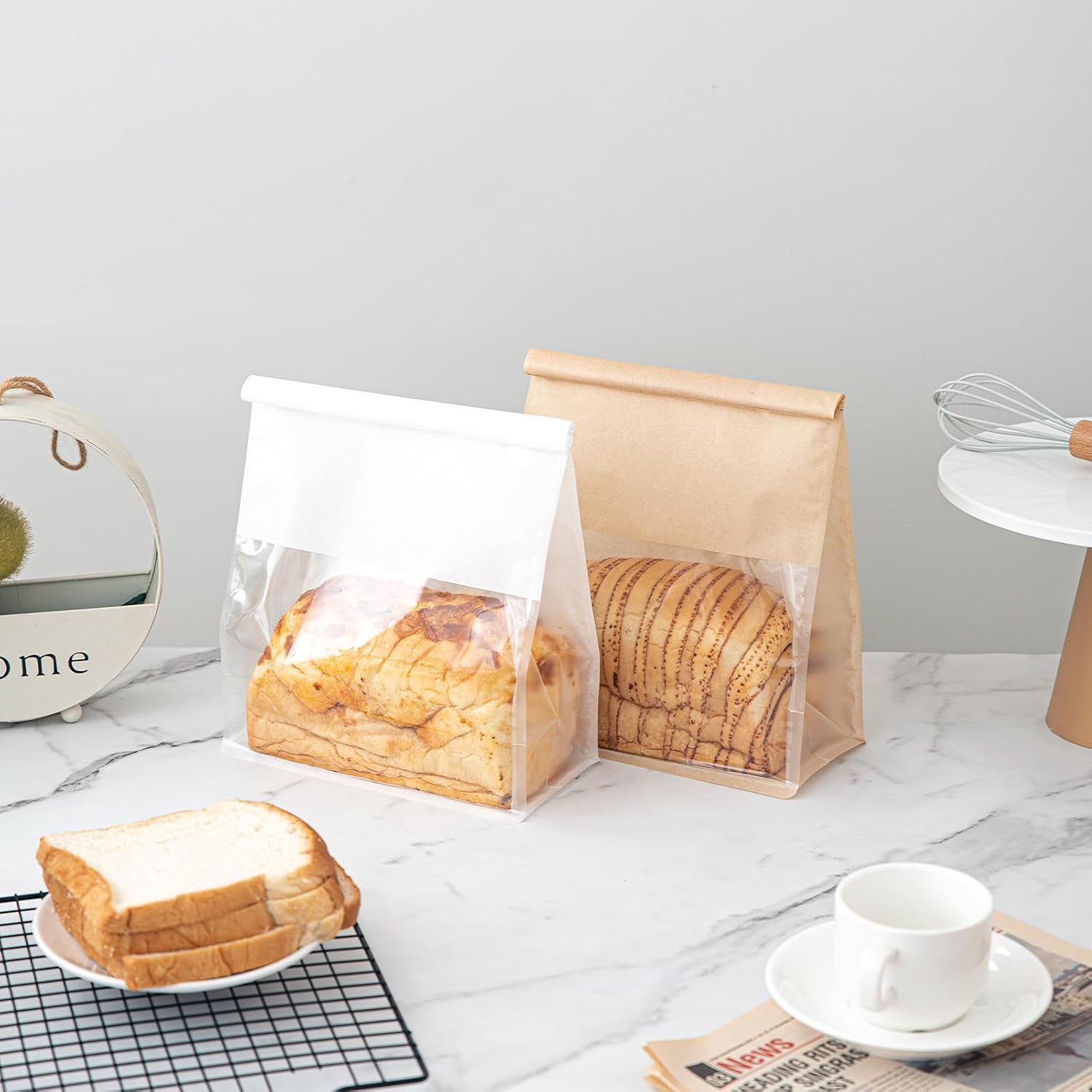 100 Pcs 8.6 Inch Bread Bags with Tin Tie, Large Loaf Bags Made Of Brown Cotton Paper, Storage Packing Bag with Clear Window for Bakery, Cafe, Homemade Bread