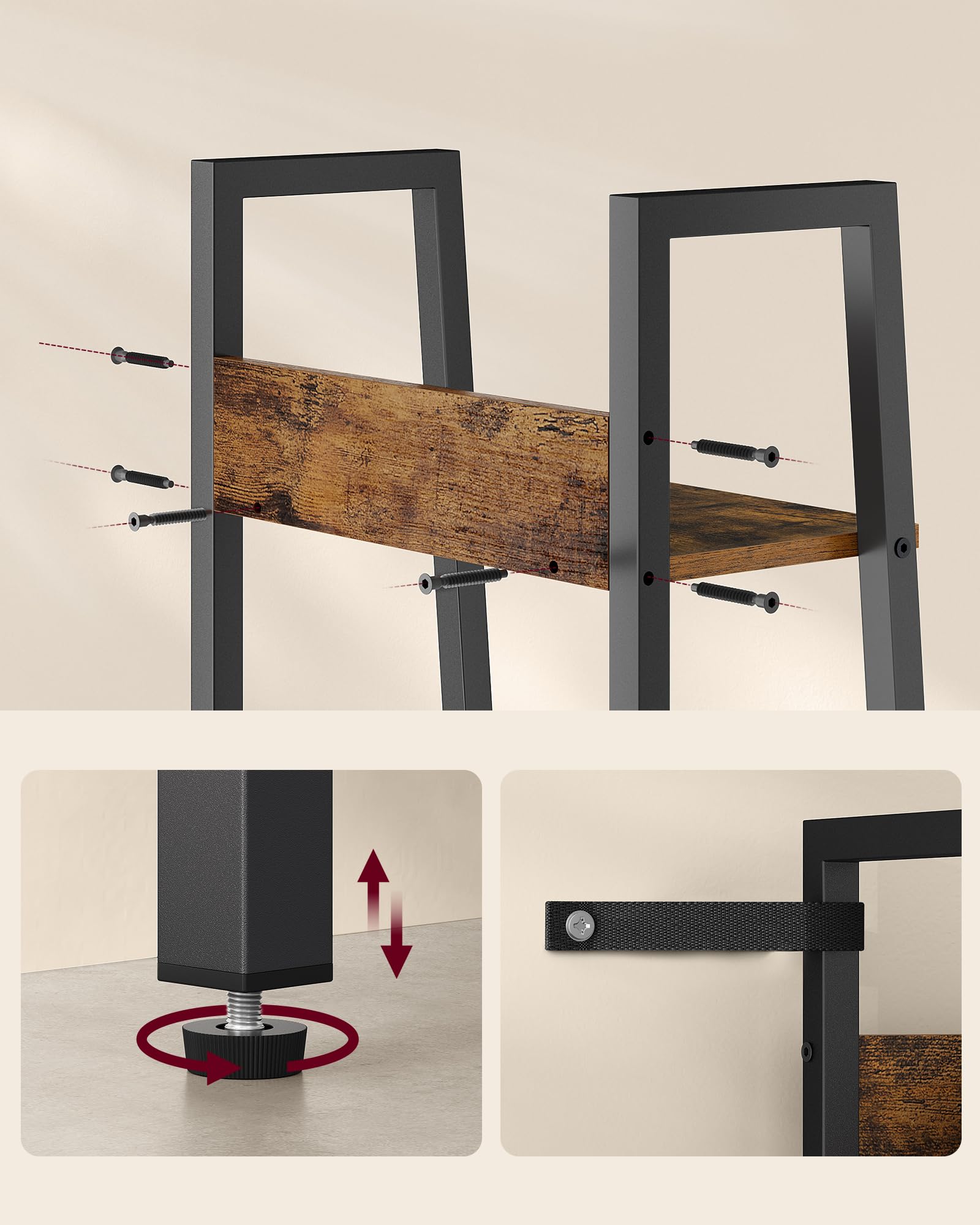 VASAGLE Estantería de Escalera, estantería de 5 Niveles, Mueble de Almacenamiento de pie, Oficina, Sala de Estar, Dormitorio, Cocina, Estilo Industrial, marrón rústico y Negro LLS109B01