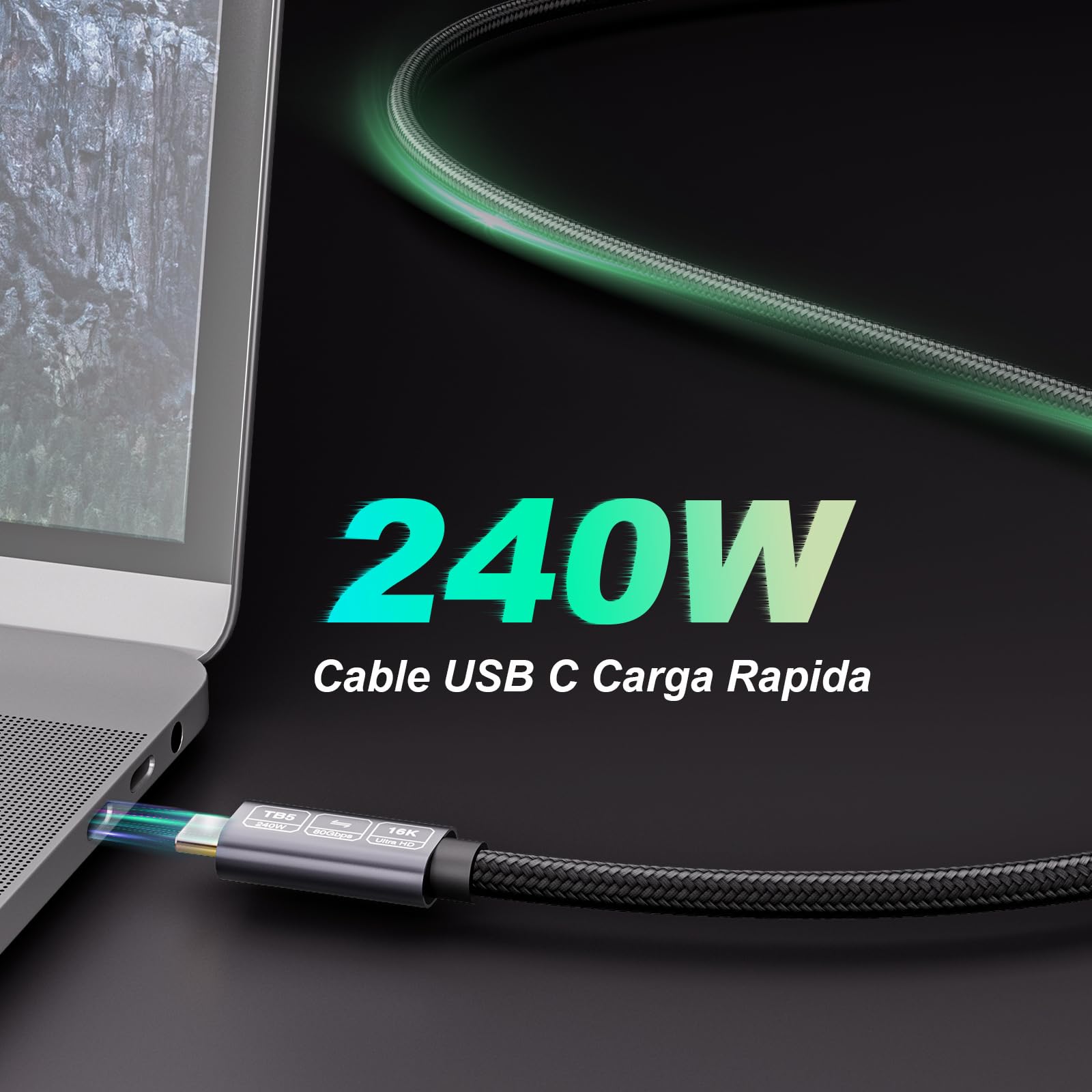 Cable USB C Thunderbolt 5 80Gbps 3m, 120Gbps ancho de banda de vídeo, PD 3.1 240W, vídeo 16K@30Hz 8K@60Hz, 12-bit profundidad de color Compatible con Mac mini M4 Pro, Thunderbolt 4, eGPU