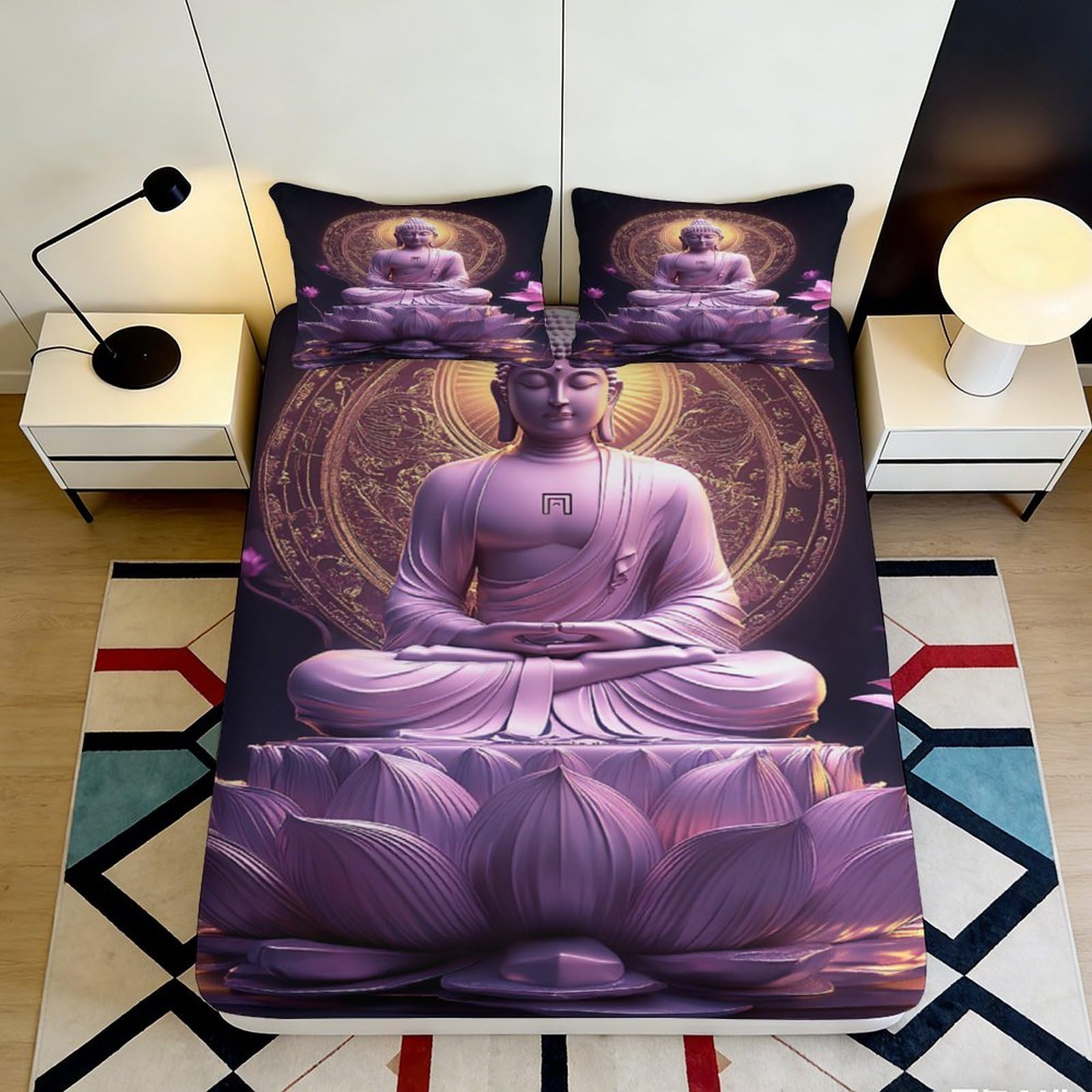 3D Printed Purple Buddha Fitted Sheet Microfiber Soft Breathable Lotus Flower Bed Cover for Bedroom Dormitory Guest Room Mattress Protection 90x200x25cm