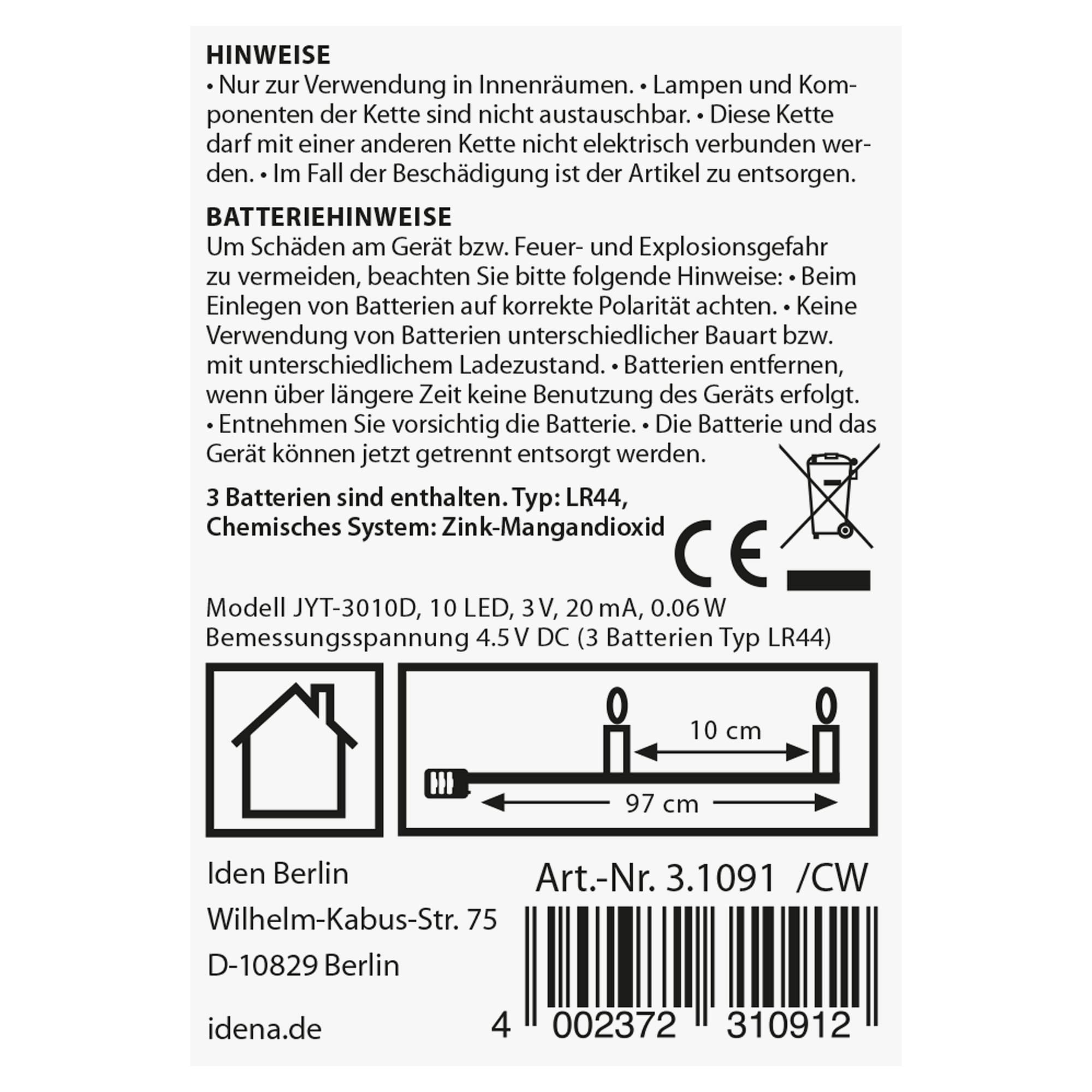 Idena 31091 – LED mikro lampki do butelek z 10 diodami LED w kolorze ciepłej bieli, zestaw 2 szt. łańcuch świetlny z korkiem, zasilany bateriami, ok. 0,97 m długości, dekoracja do wnętrz, jako