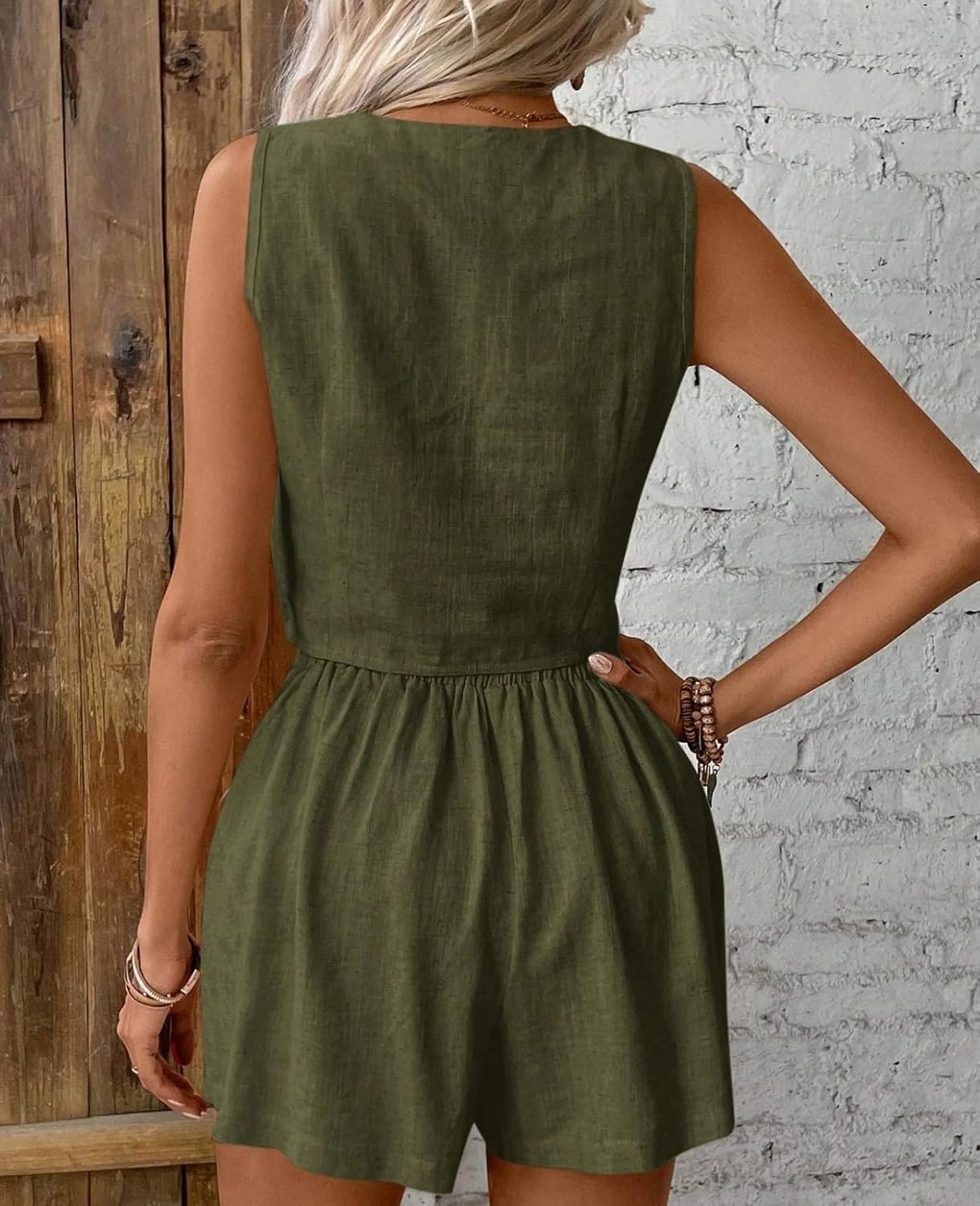 2 Piece Linen Sets for Women Sleeveless V Neck Vest Button Waistcoat Pockets 2025 High Waisted Short Sets