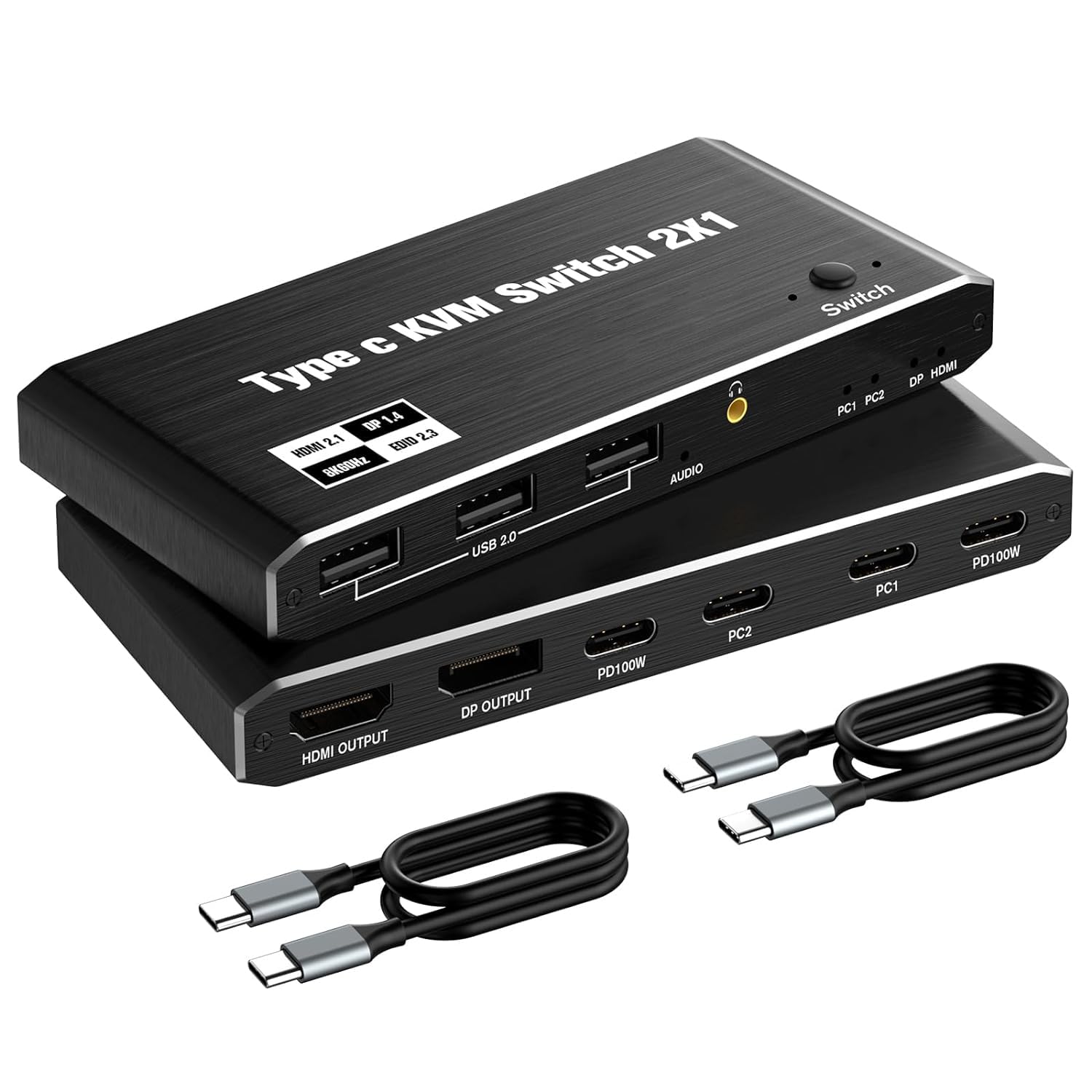 MICROWARE USB C KVM Switch 2-Port, 8K@60Hz, 4K@120Hz, 100W PD, Black, Push Button, Manual Operation
