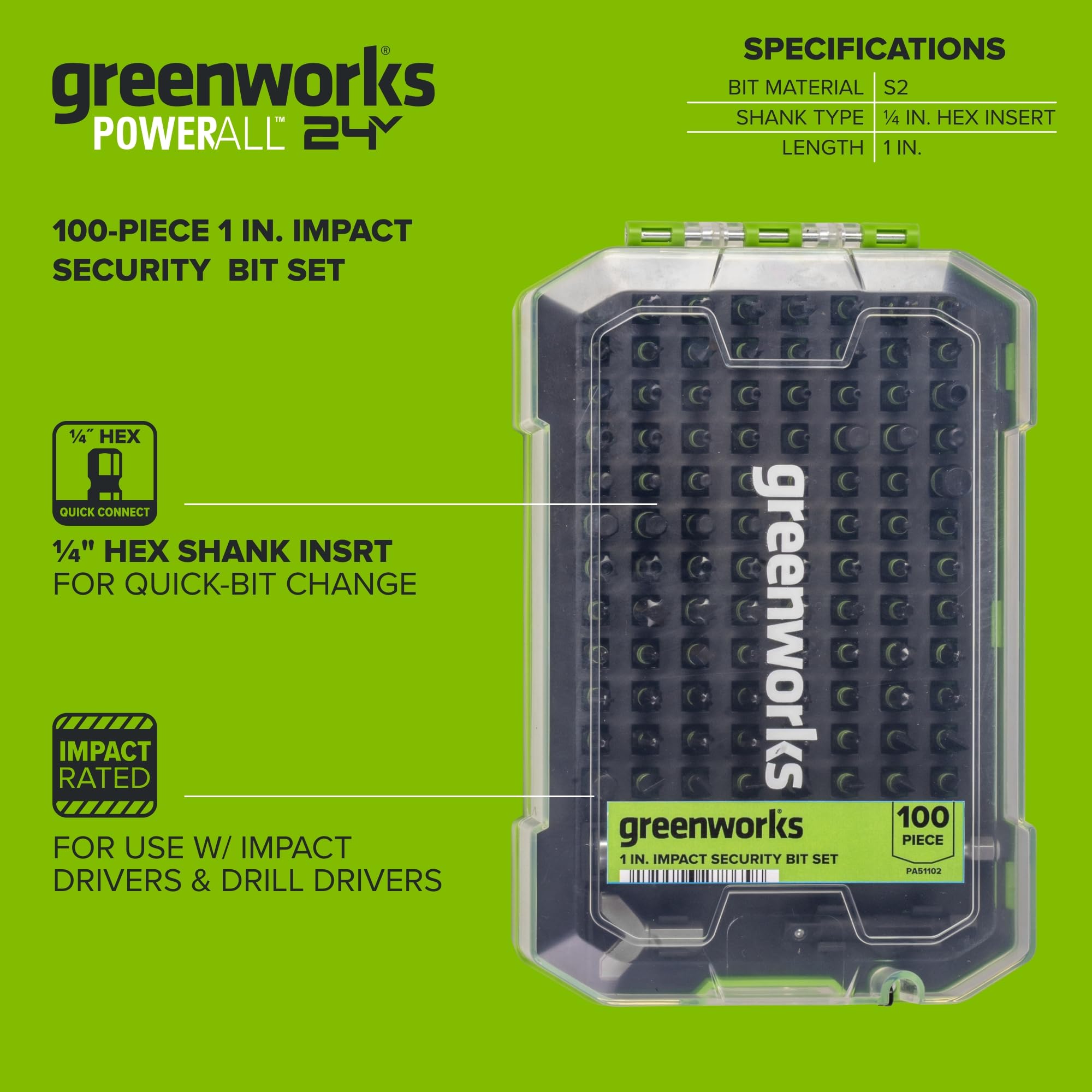 Greenworks Pro PA51102A1 - Set di punte di sicurezza a impatto, 100 pezzi