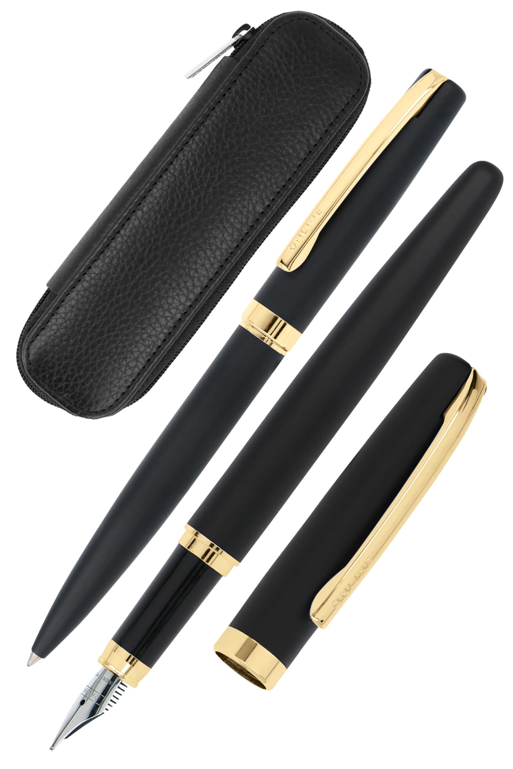 Online Set Eleganza Fountain Pen & Ballpen I Black & Gold I Nib Size M I Metal Clip I Retractable Biro I Fountain-Pen for Standard Ink Cartridges Or Converter I In Gift Box