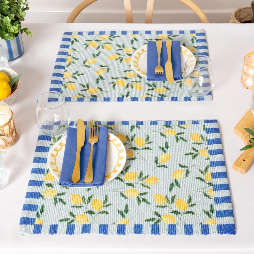furn. Lemons Placemats - Washable Striped Mediterranean Fruits Set of 4 Quick Drying Table Mats (Blue - 46x36cm) - Image 3
